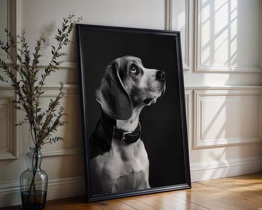 Dog Photography Beagle Portrait Print | Regal Black and White Pet Art wall art print, minimalist black and white poster, modern Scandinavian wall decor, Monohaus