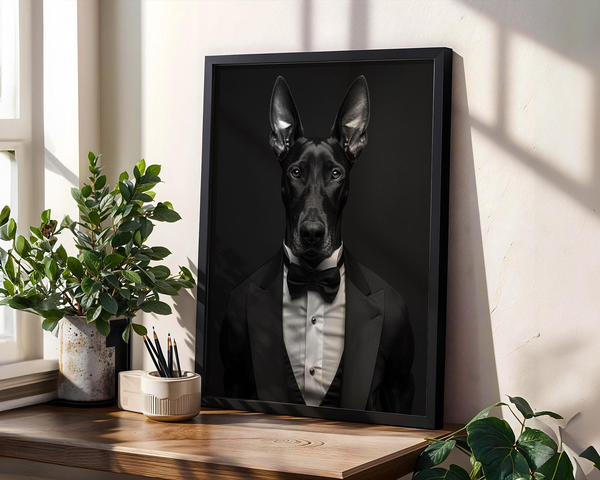 Dog Photography Doberman Tuxedo Print | Whimsical Black Tie Pet Portrait wall art print, minimalist black and white poster, modern Scandinavian wall decor, Monohaus