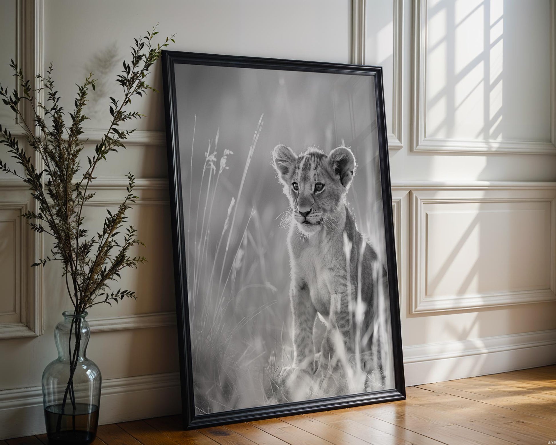 Wildlife Poster | Lion Cub Print | Minimalist Black & White Safari Photography wall art print, minimalist black and white poster, modern Scandinavian wall decor, Monohaus