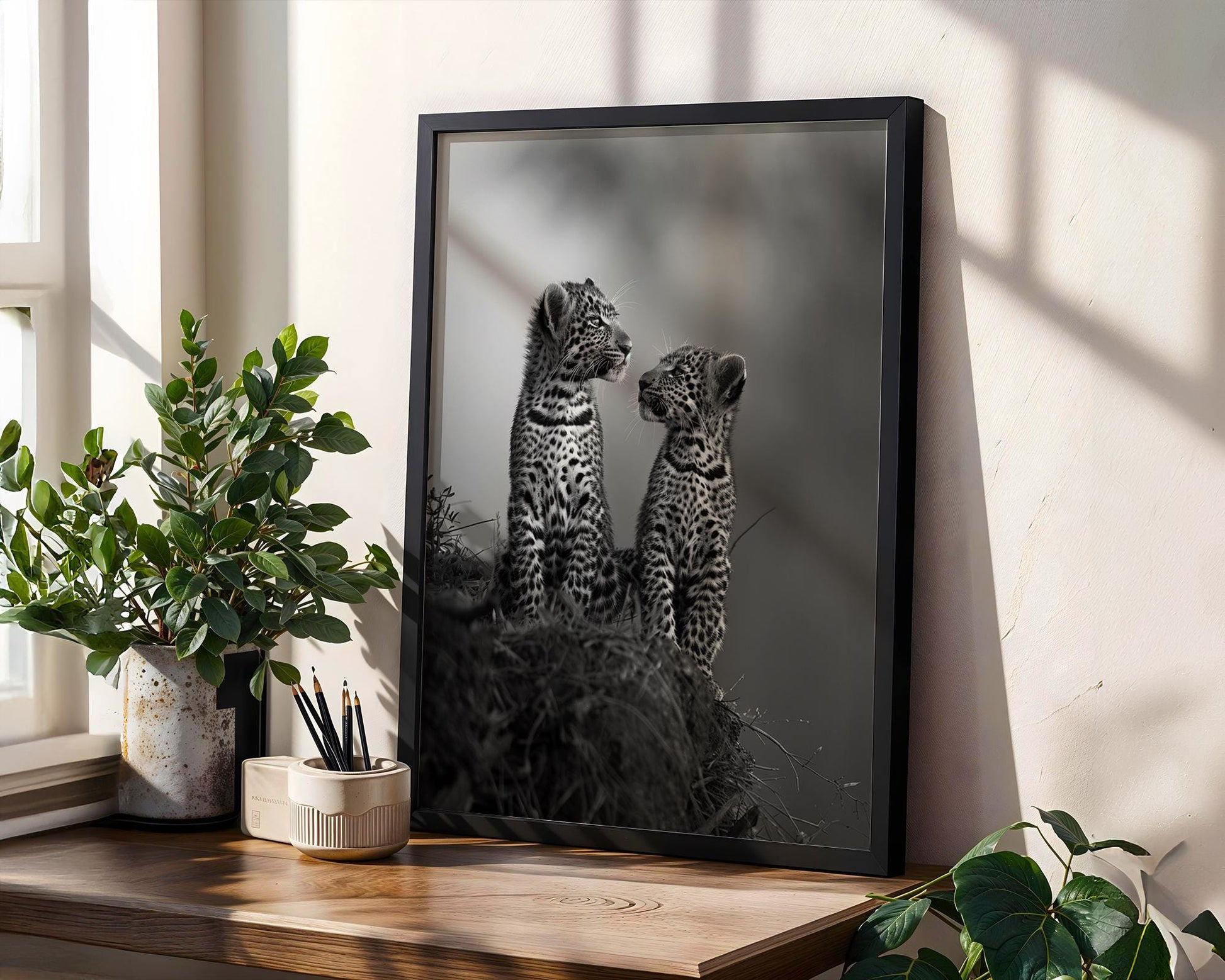 Wildlife Poster | Leopard Cubs Fine Art Print • Black & White Scandi Nursery wall art print, minimalist black and white poster, modern Scandinavian wall decor, Monohaus
