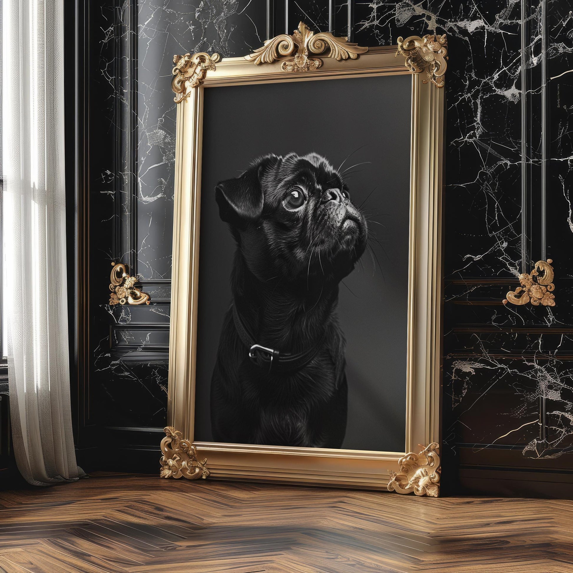 Dog Photography Black Pug Portrait Print | Minimalist Pet Poster wall art print, minimalist black and white poster, modern Scandinavian wall decor, Monohaus