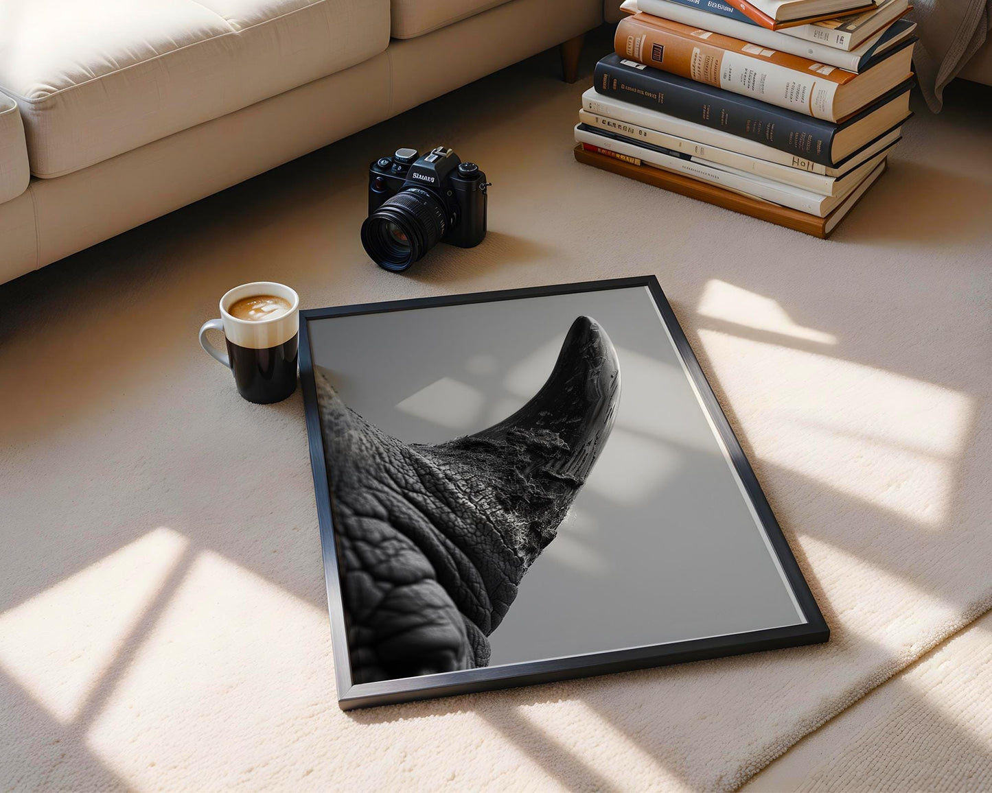 Wildlife Poster | Rhino Horn Fine Art Photography | Modern Scandi Interior Decor wall art print, minimalist black and white poster, modern Scandinavian wall decor, Monohaus