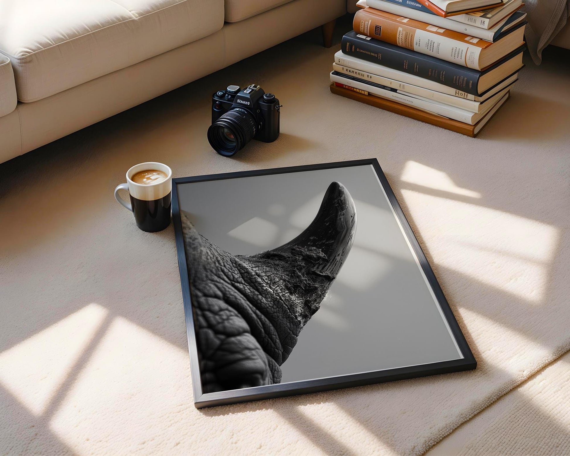 Wildlife Poster | Rhino Horn Fine Art Photography | Modern Scandi Interior Decor wall art print, minimalist black and white poster, modern Scandinavian wall decor, Monohaus