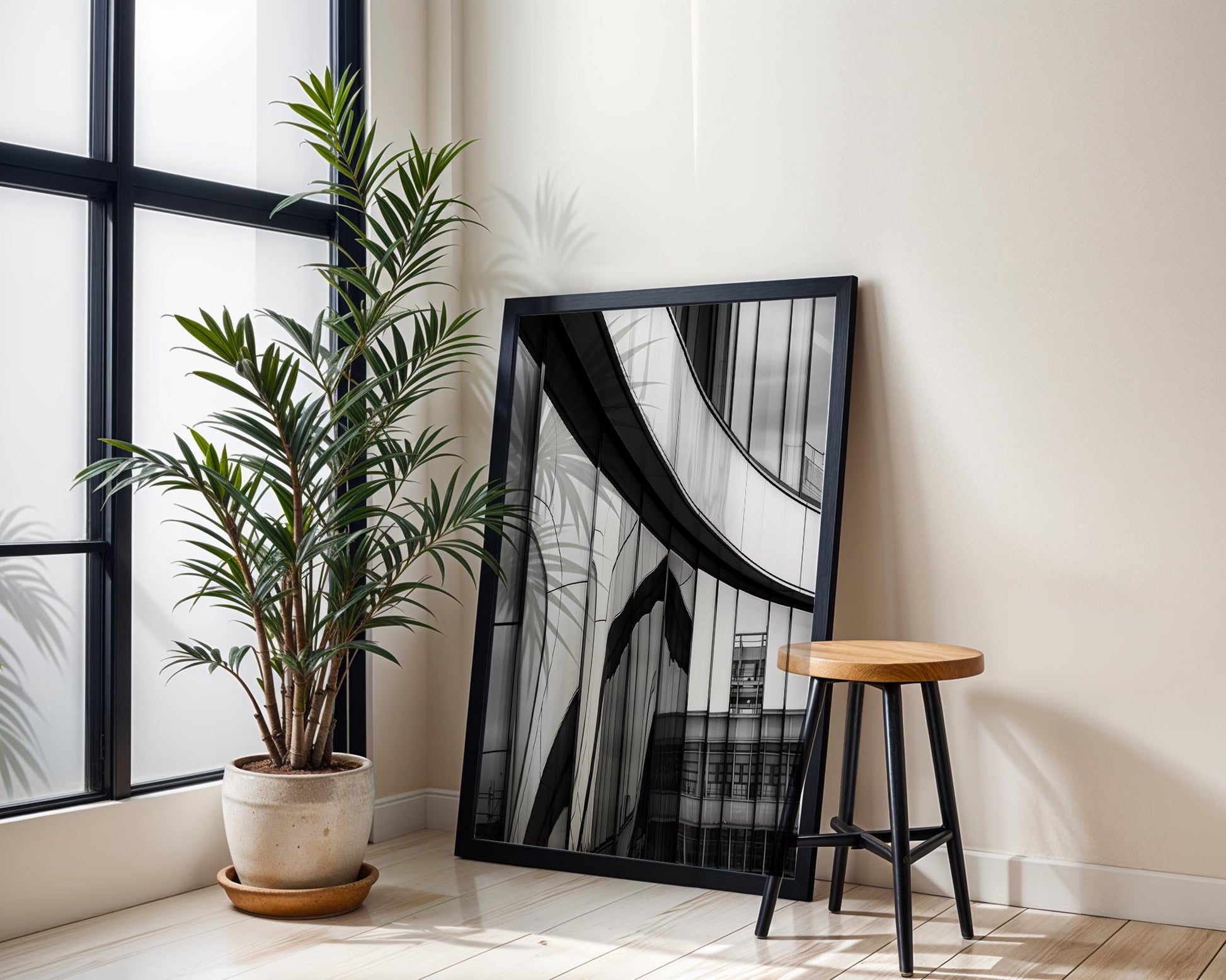 Minimal Wall Art Curved Facade | Modern Urban Architecture Photography wall art print, black and white architectural poster, minimalist modern Scandinavian wall decor, Monohaus