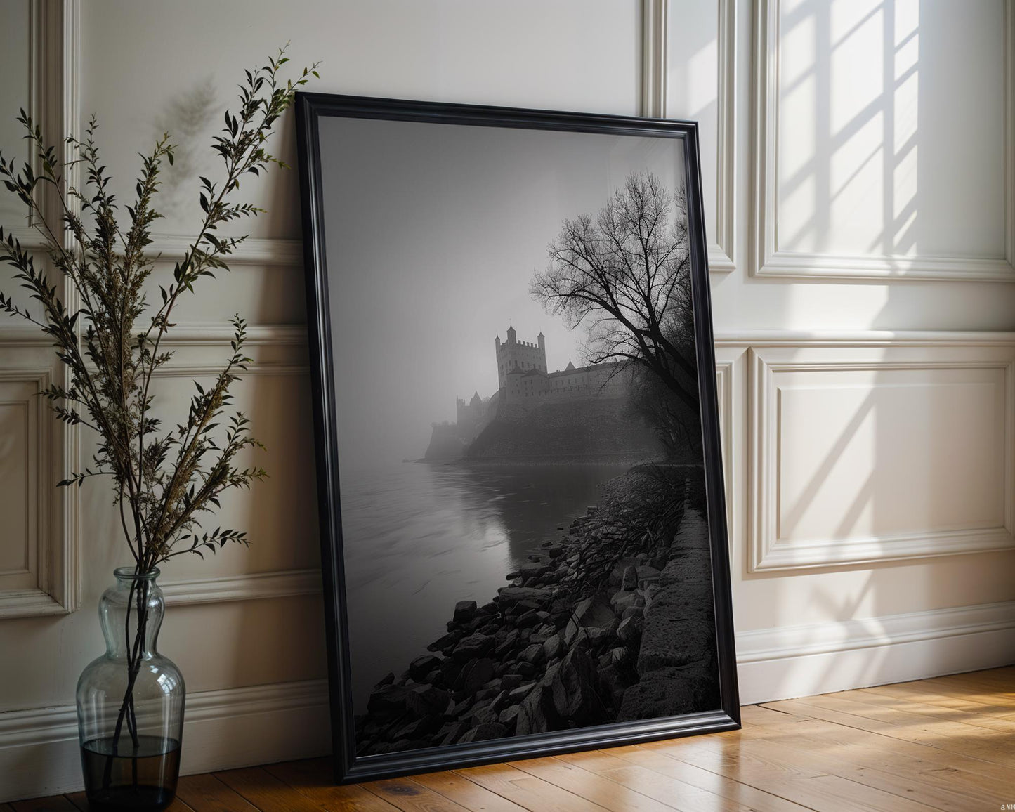 World Landmark | Castle Riverbank Photography Print | Minimalist Black and White Wall Art wall art print, minimalist black and white poster, modern Scandinavian wall decor, Monohaus