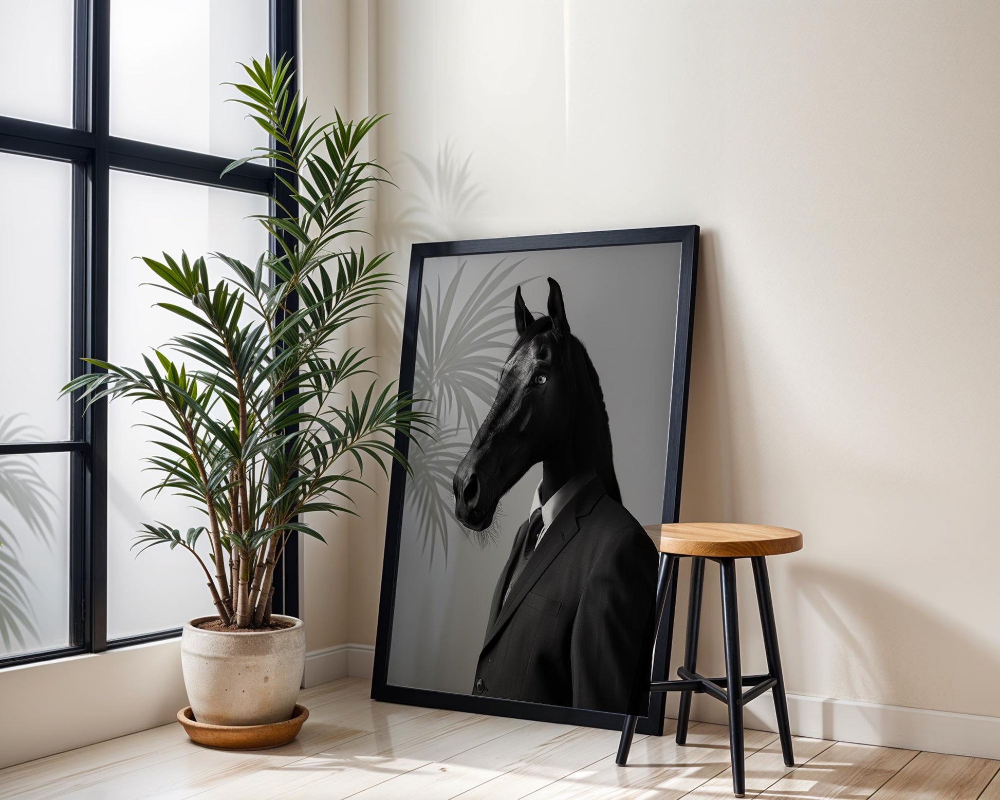 Designer Wall Art | Horse in Suit Print | Surreal Equestrian Art, Modern Minimalist Decor wall art print, minimalist black and white poster, modern Scandinavian wall decor, Monohaus