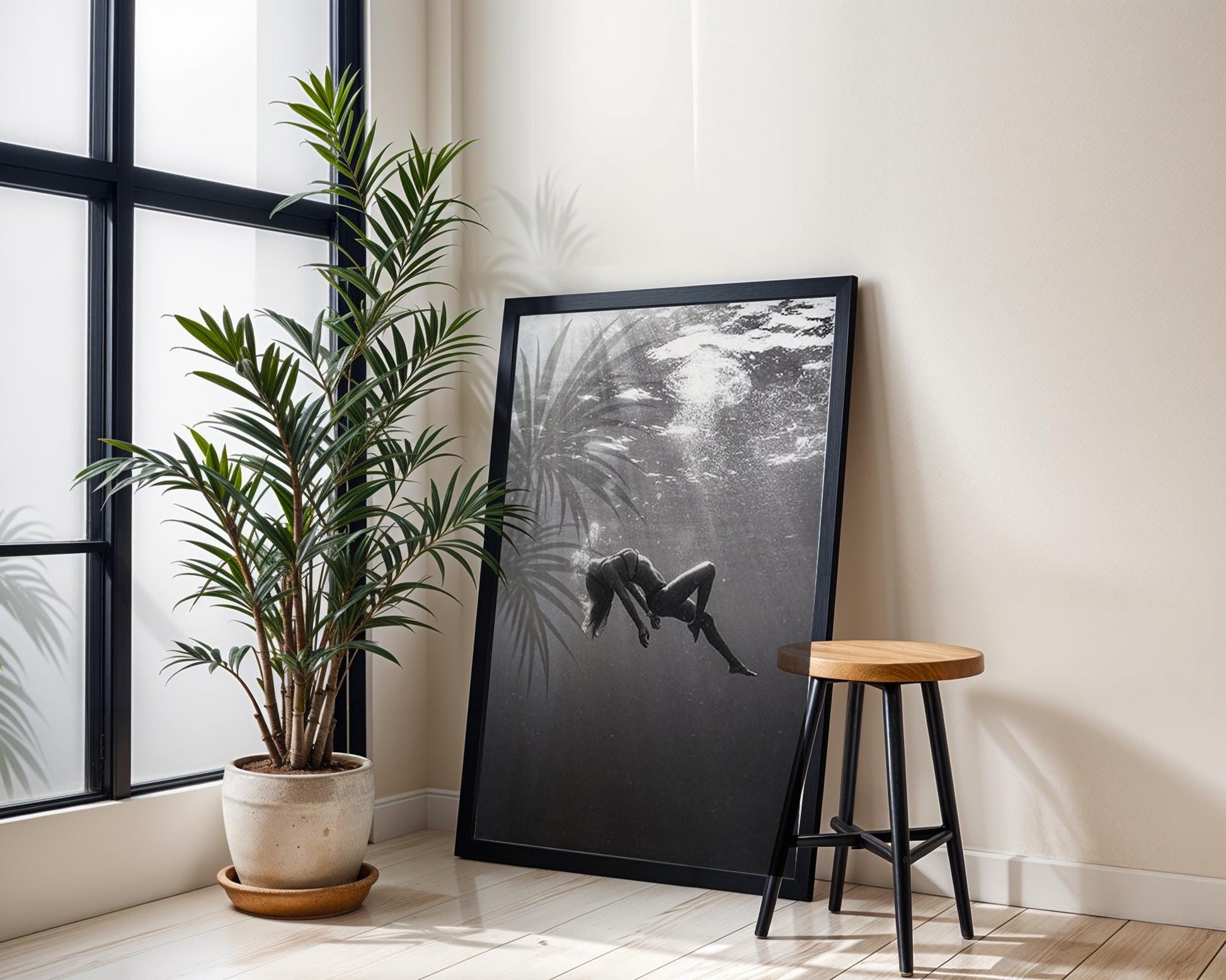 Designer Wall Art | Underwater Woman Print | Ethereal Black and White Photography, Minimalist Art wall art print, minimalist black and white poster, modern Scandinavian wall decor, Monohaus