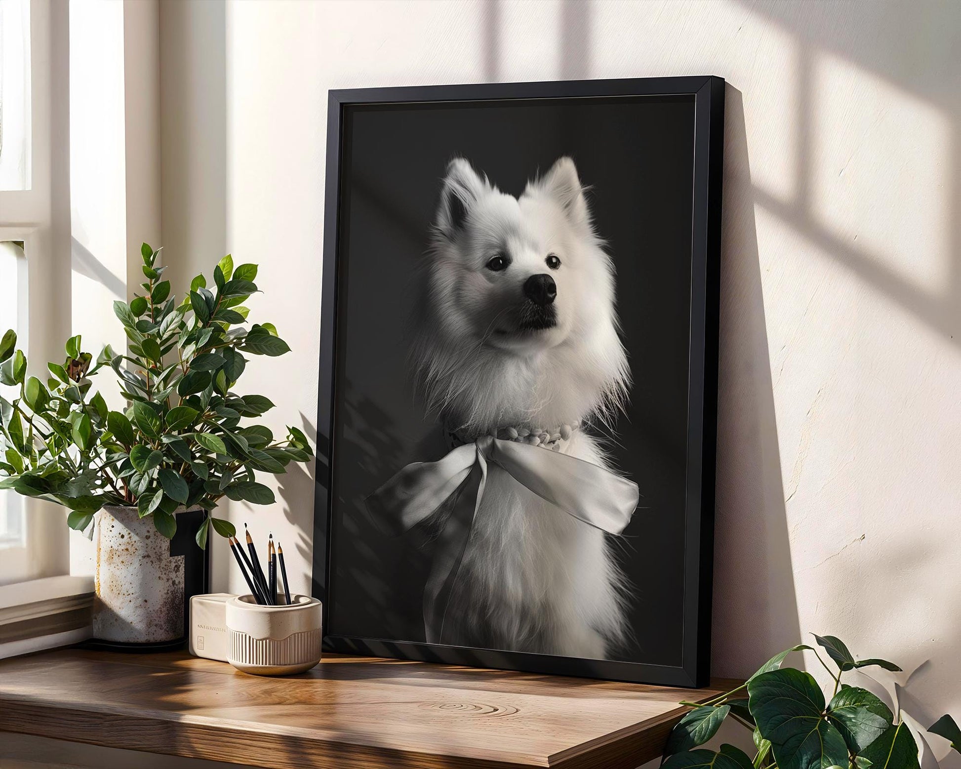 Dog Photography Pet Home Decor | Samoyed Puppy Portrait Print | Black and White wall art print, minimalist black and white poster, modern Scandinavian wall decor, Monohaus