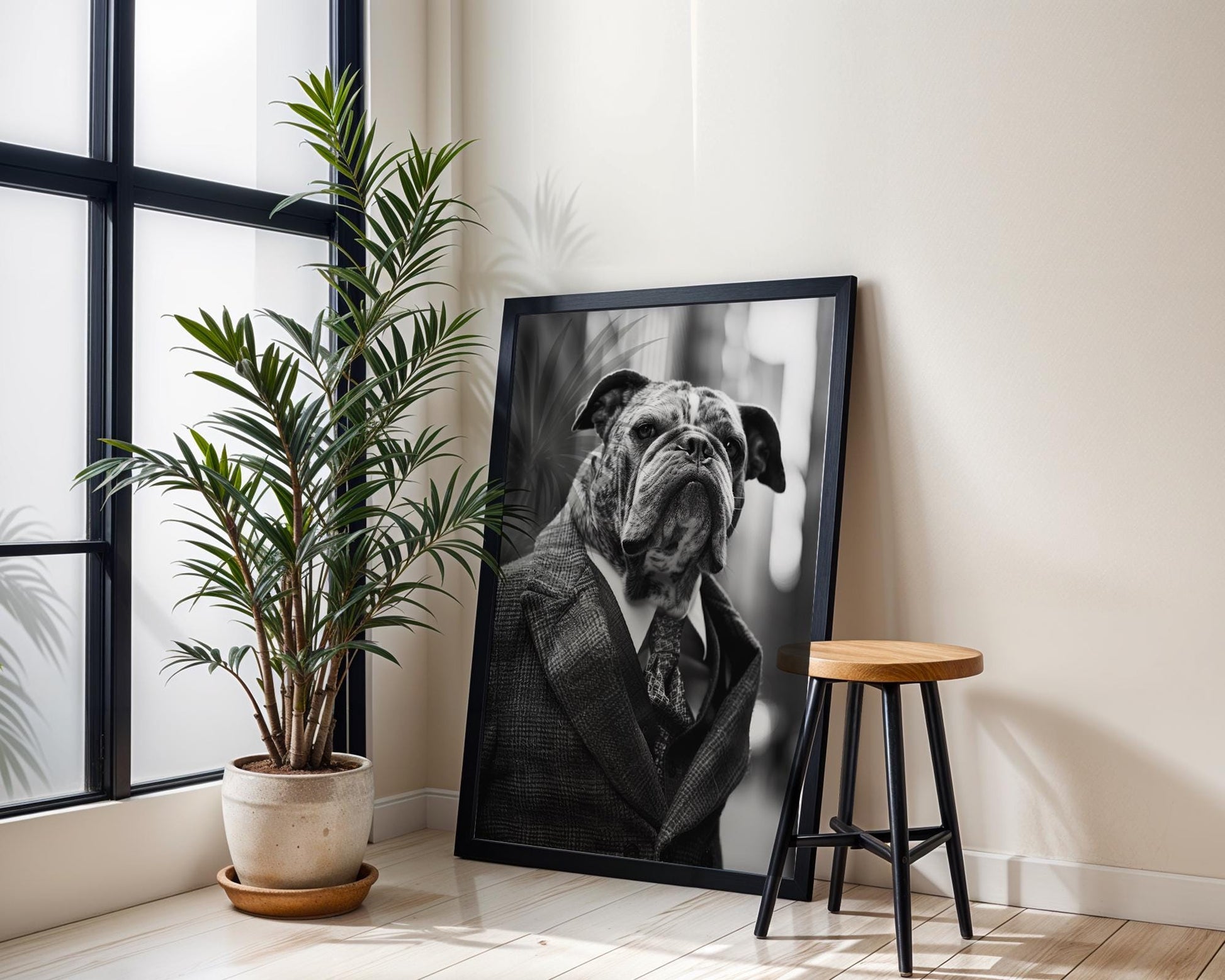 Dog Photography Brindle Bulldog in Tweed Coat Art Print | Dapper Pet Portrait wall art print, minimalist black and white poster, modern Scandinavian wall decor, Monohaus