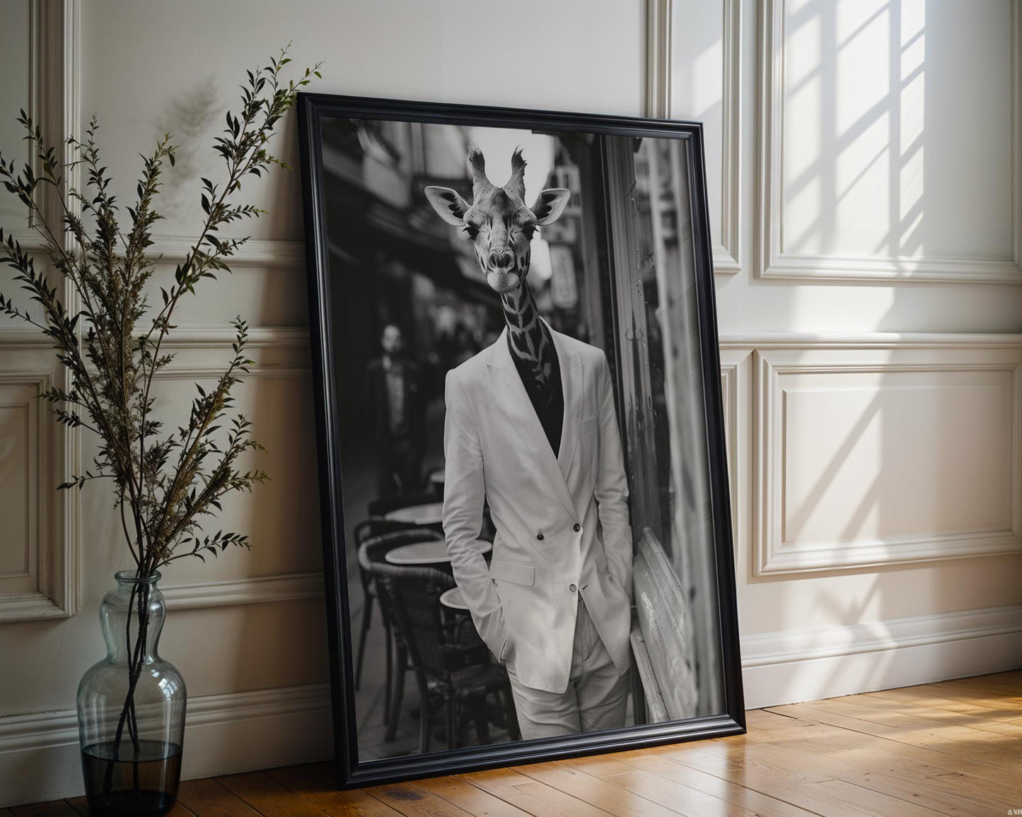 Designer Wall Art | Surreal Giraffe Portrait Print | Dapper Animal Photo Collage wall art print, minimalist black and white poster, modern Scandinavian wall decor, Monohaus