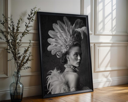 Feathered Headdress Portrait | Black and White Photography Print wall art print, minimalist black and white poster, modern Scandinavian wall decor, Monohaus