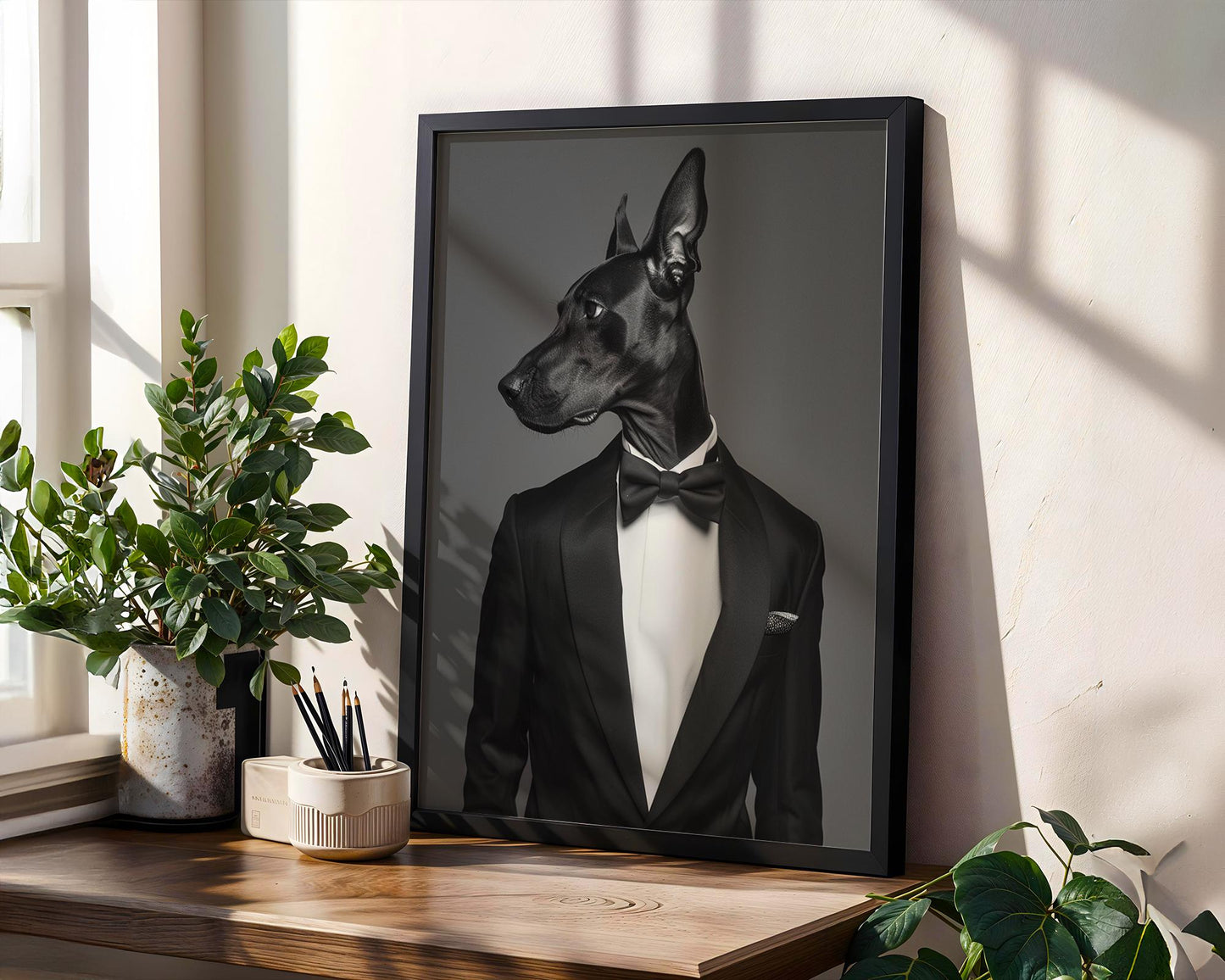 Dog Photography Doberman in Tuxedo Art Print | Minimalist Pet Portrait wall art print, minimalist black and white poster, modern Scandinavian wall decor, Monohaus