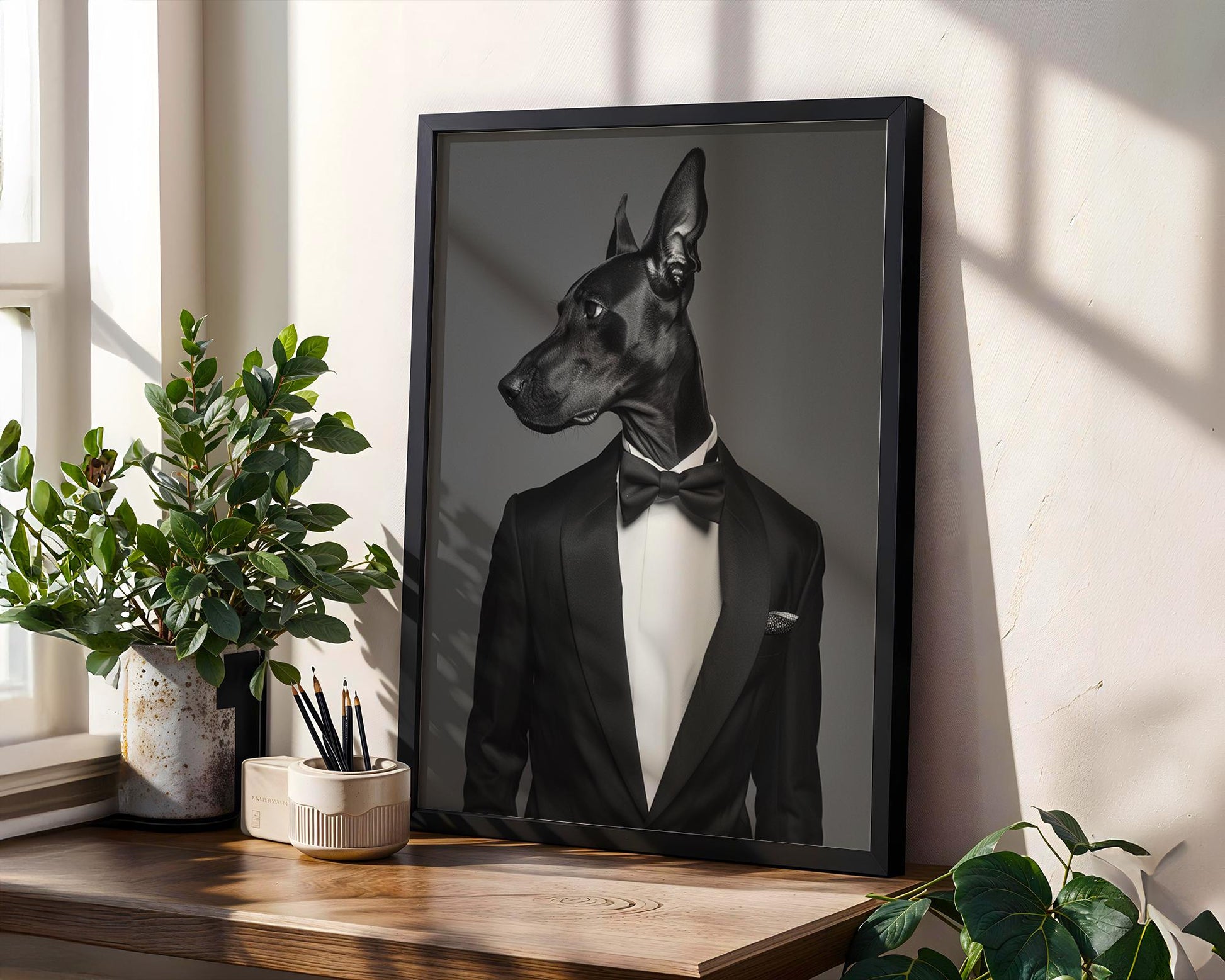 Dog Photography Doberman in Tuxedo Art Print | Minimalist Pet Portrait wall art print, minimalist black and white poster, modern Scandinavian wall decor, Monohaus