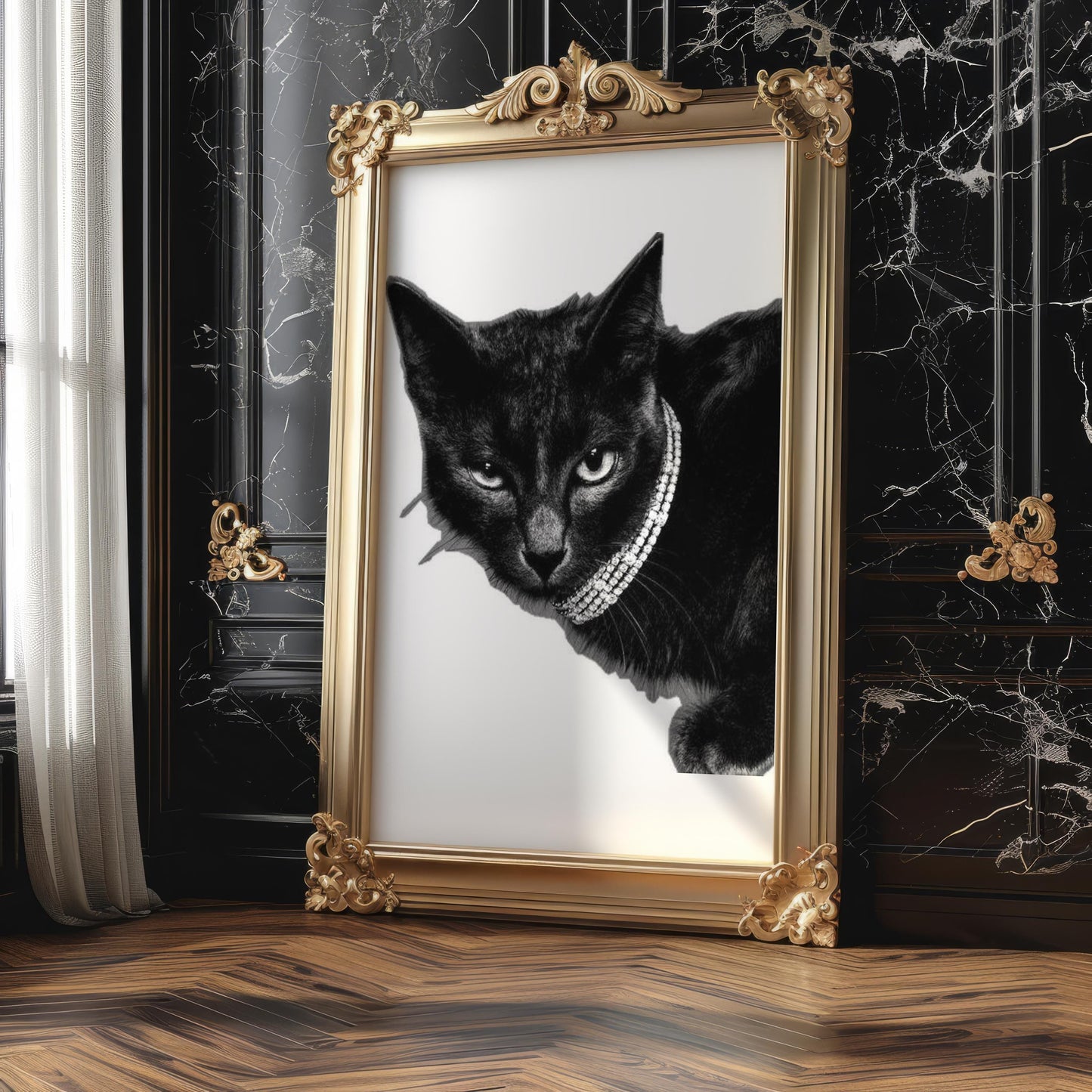 Designer Wall Art | Glam Black Cat Print | Diamond Collar, Minimalist Pet Portrait wall art print, minimalist black and white poster, modern Scandinavian wall decor, Monohaus