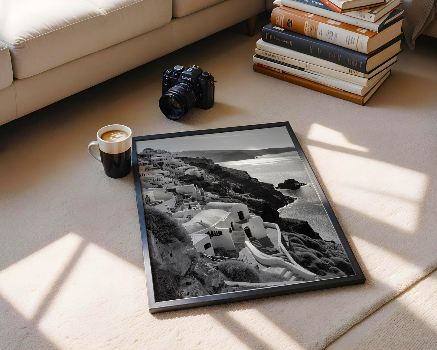 World Landmark | Santorini Greece Print | Black and White Cliffside Architecture wall art print, black and white architectural poster, minimalist modern Scandinavian wall decor, Monohaus