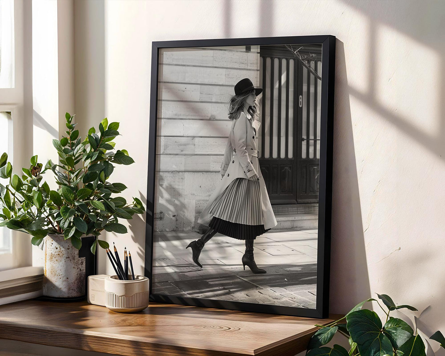 Minimal Wall Art Parisian Fashion Print | Woman in Trench Coat Photography, Elegant Home Decor wall art print, minimalist black and white poster, modern Scandinavian wall decor, Monohaus