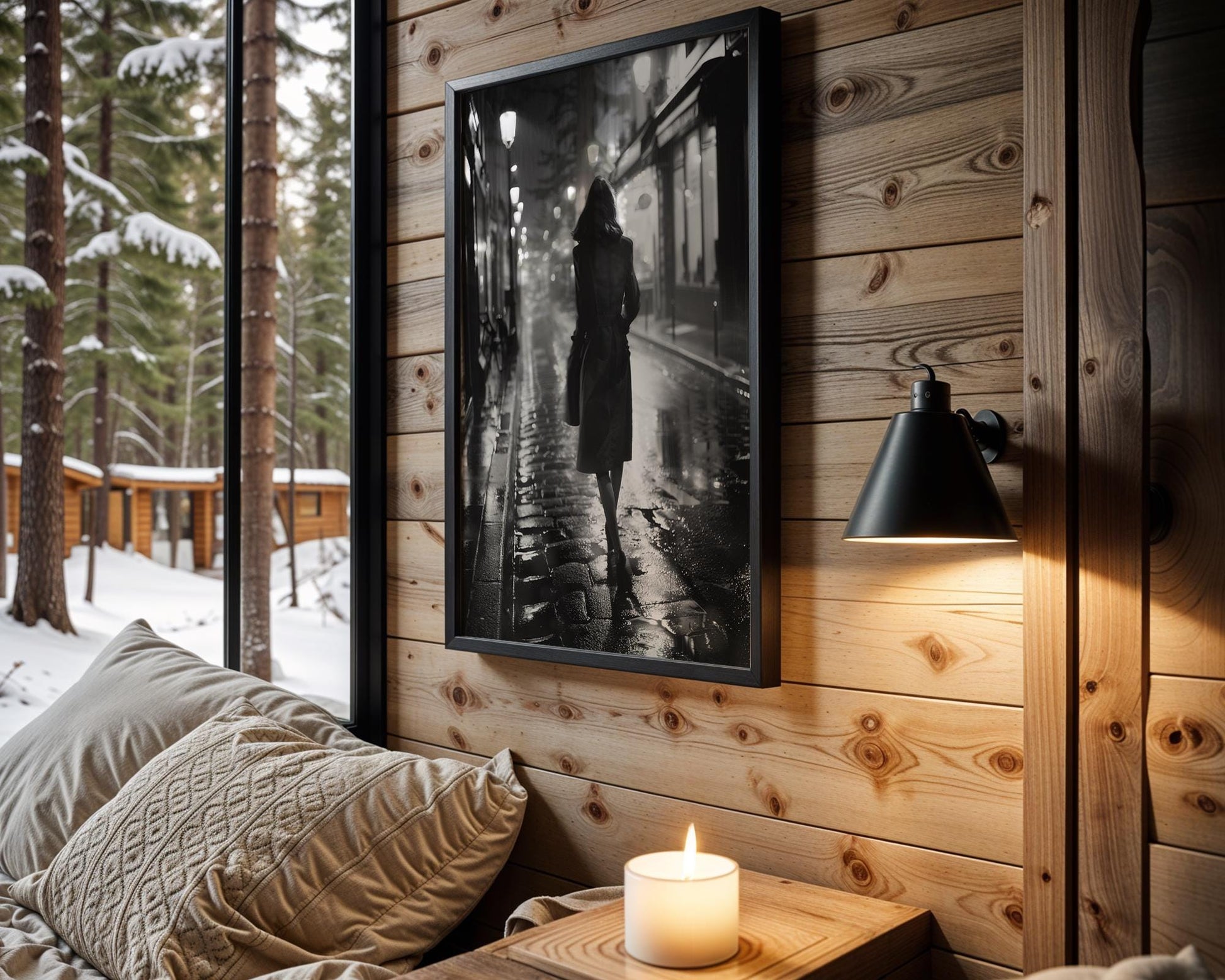 Paris Noir Photography Print | Woman Walking, Urban Night Scene black and white photo print, minimalist monochrome wall art poster for modern interiors, Monohaus