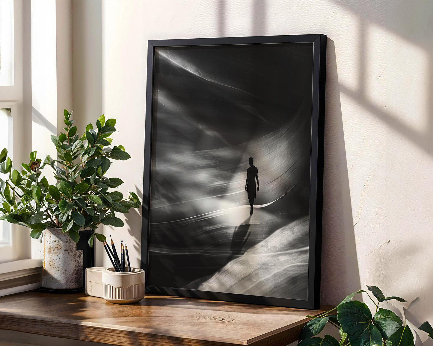 Minimal Wall Art Walking in Light and Shadow | Black and White Photography wall art print, minimalist black and white poster, modern Scandinavian wall decor, Monohaus