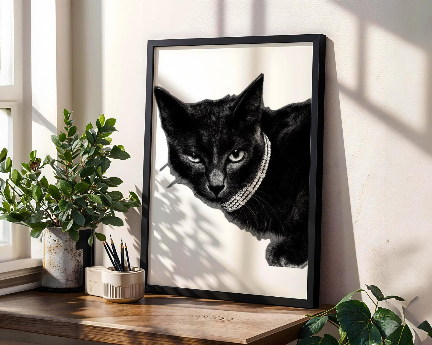 Designer Wall Art | Glam Black Cat Print | Diamond Collar, Minimalist Pet Portrait wall art print, minimalist black and white poster, modern Scandinavian wall decor, Monohaus