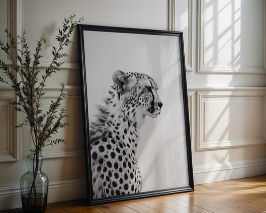 Wildlife Poster | Cheetah Profile Print | Black & White Fine Art Photography wall art print, minimalist black and white poster, modern Scandinavian wall decor, Monohaus