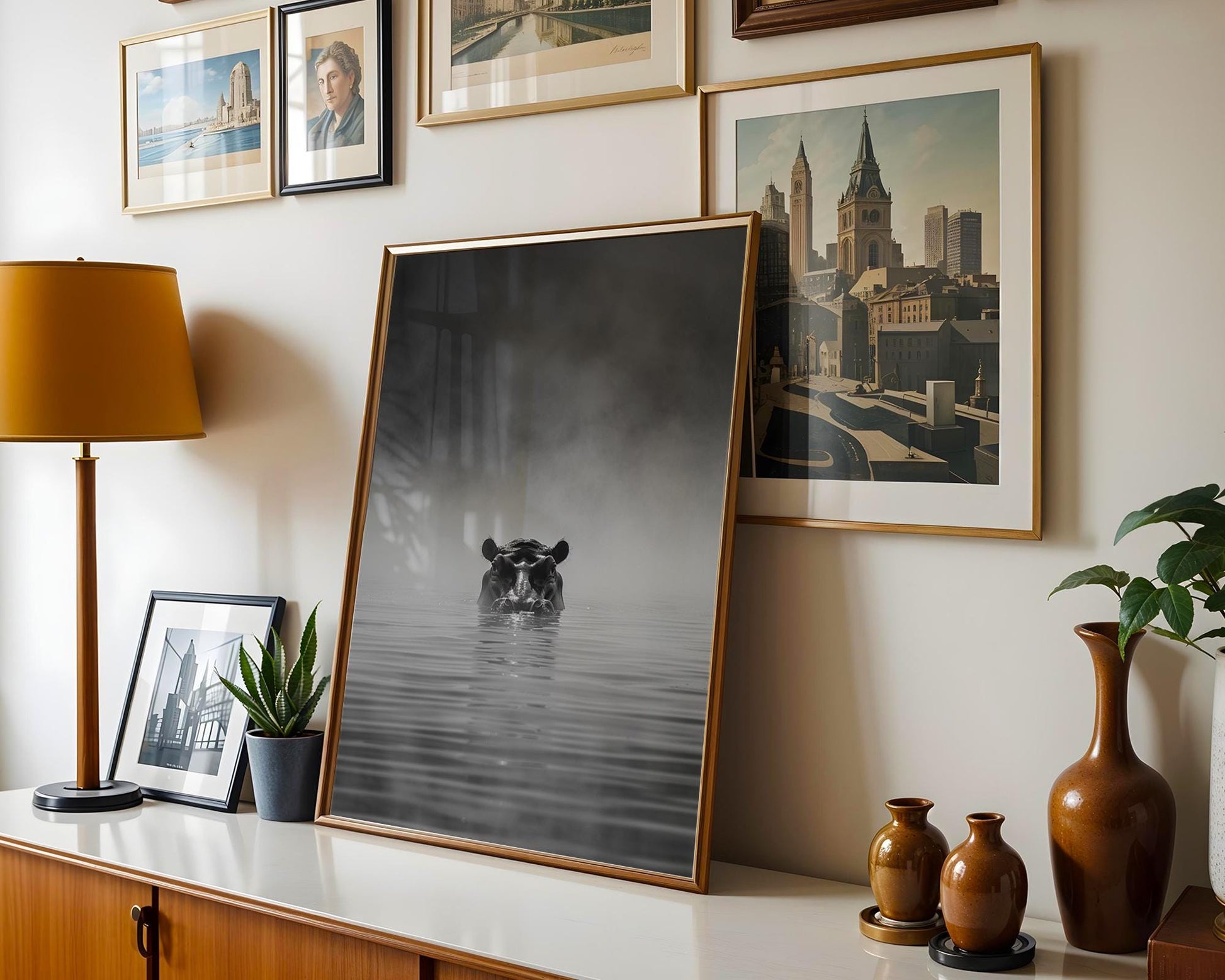 Wildlife Poster | Hippo in Mist Art Print | Minimalist Black & White Photography wall art print, minimalist black and white poster, modern Scandinavian wall decor, Monohaus