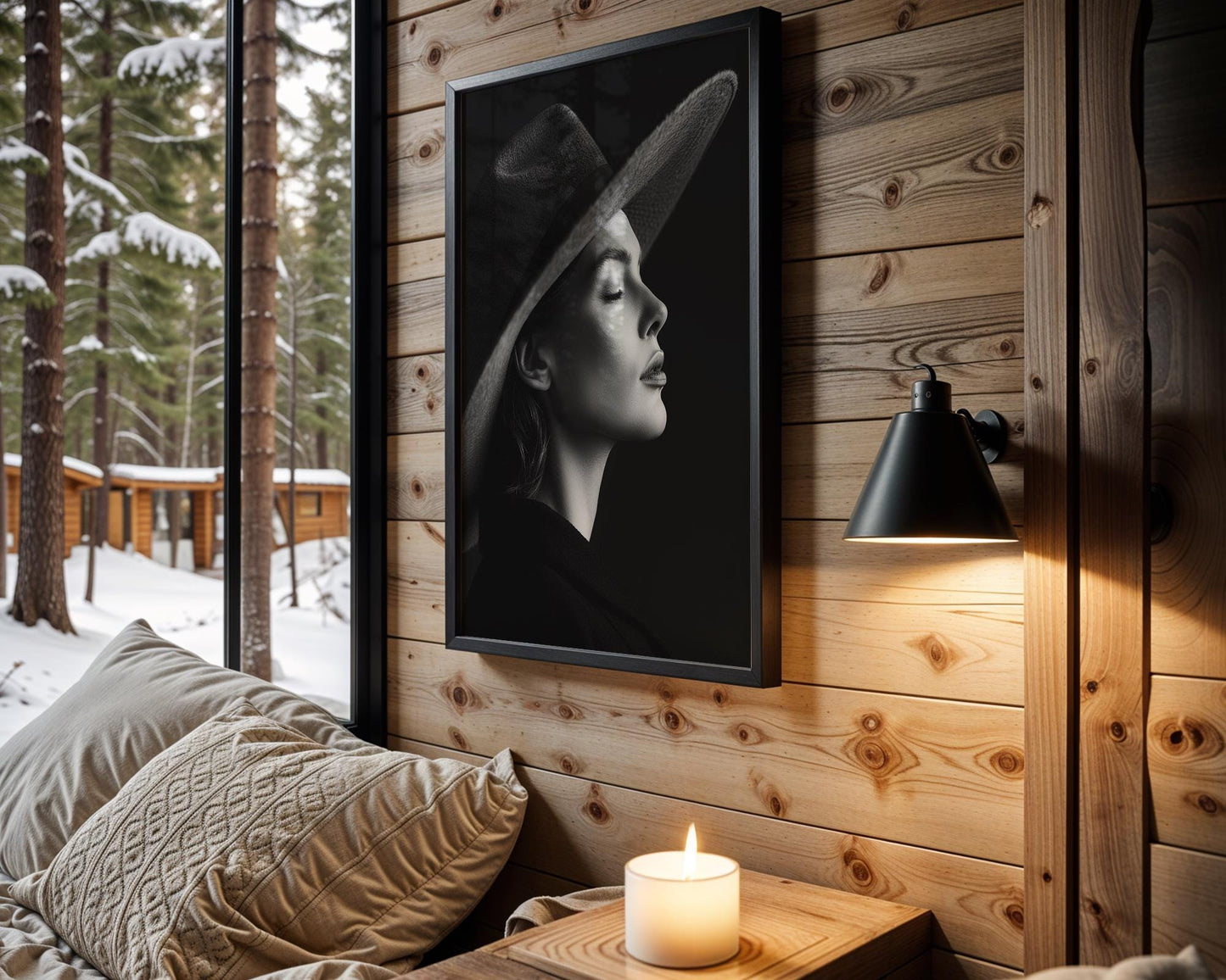 Minimal Wall Art Woman in Hat Art Print | Serene Fashion Portrait wall art print, minimalist black and white poster, modern Scandinavian wall decor, Monohaus