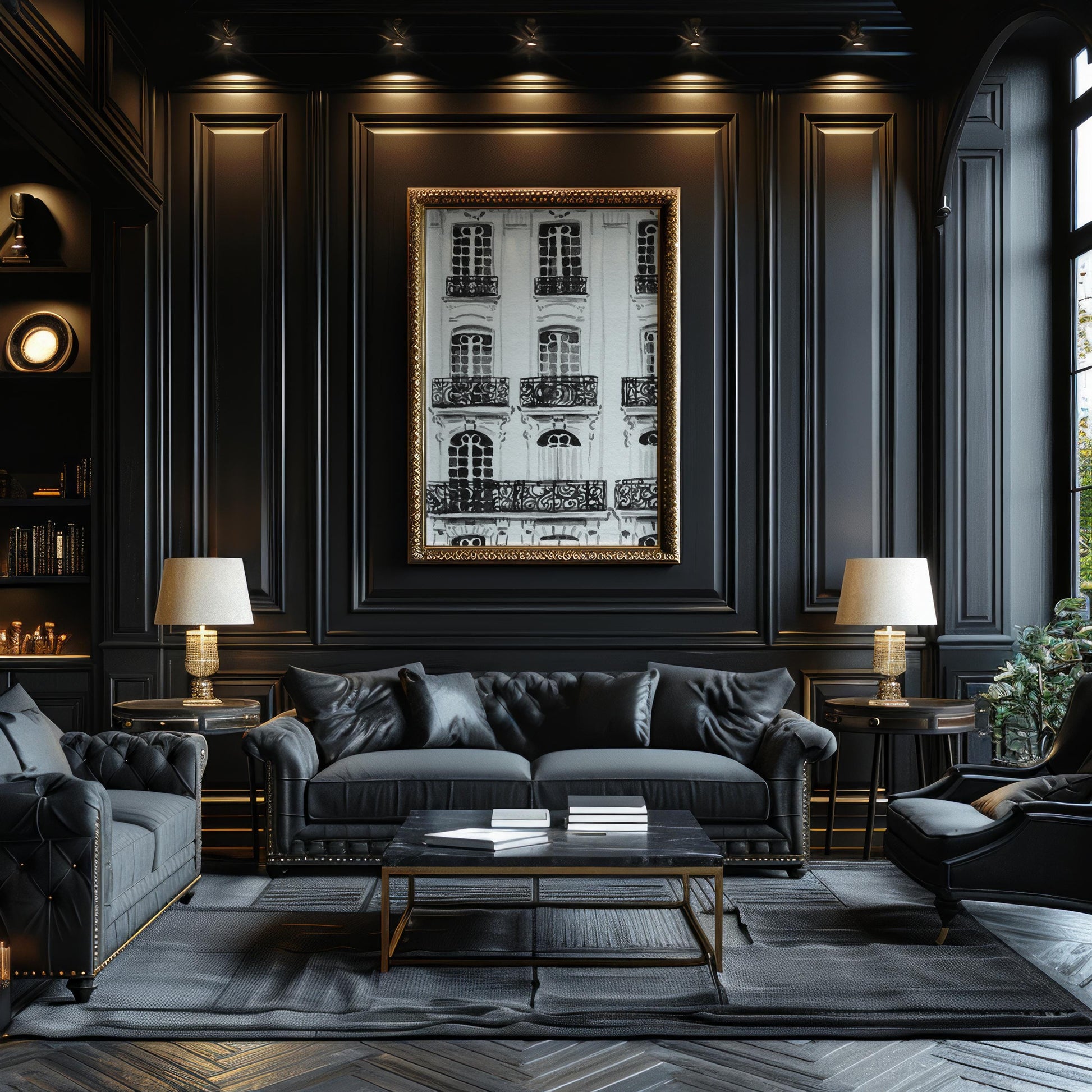 Designer Wall Art | Paris Haussmann Architecture Print | Black & White Balcony wall art print, black and white architectural poster, minimalist modern Scandinavian wall decor, Monohaus