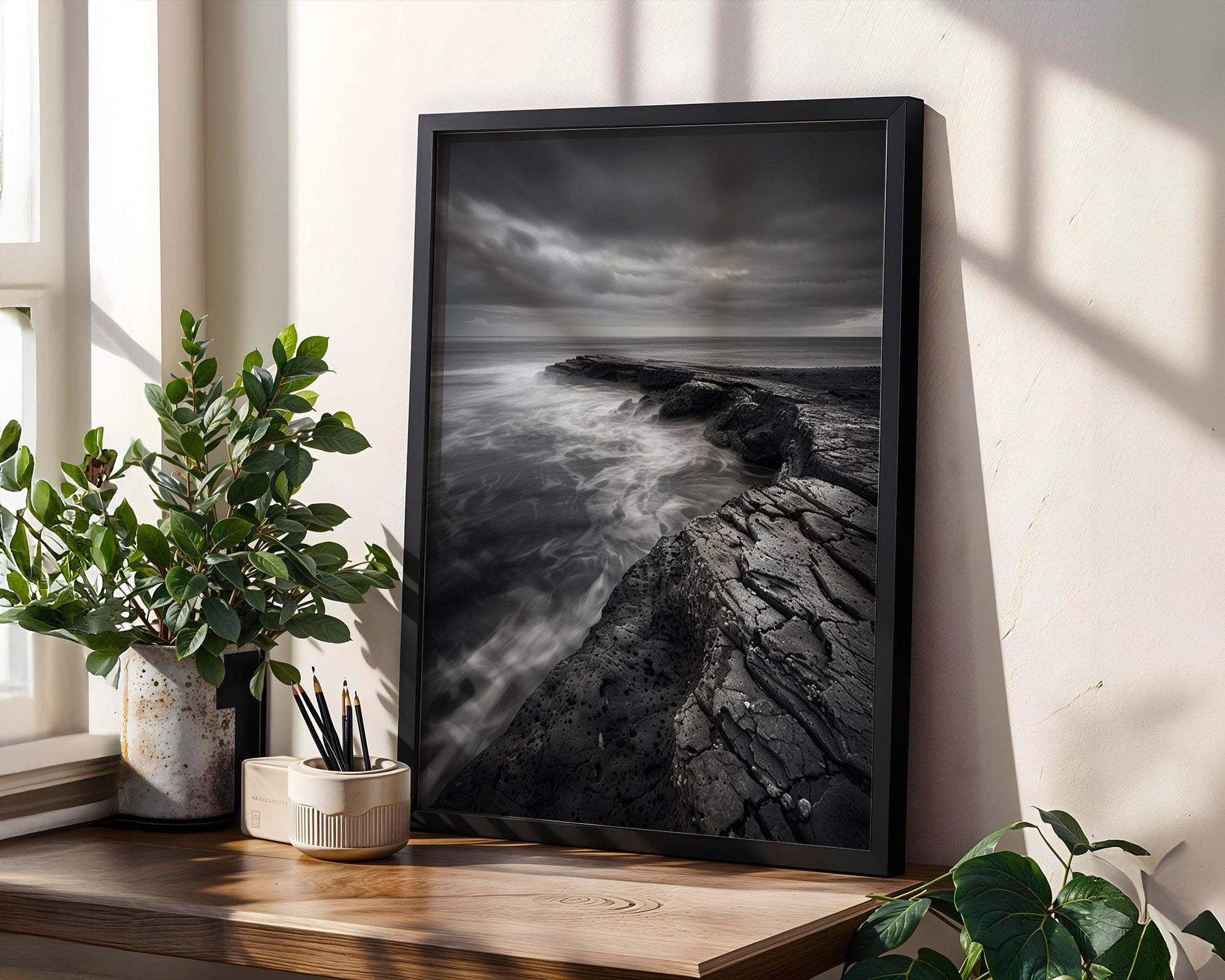 World Landmark | Iceland Basalt Coast Print | Monochrome Nordic Seascape Art wall art print, minimalist black and white poster, modern Scandinavian wall decor, Monohaus