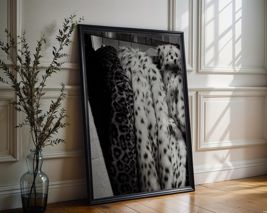 Designer Wall Art | Leopard Print Faux Fur Coat Poster | Black and White Glam wall art print, minimalist black and white poster, modern Scandinavian wall decor, Monohaus