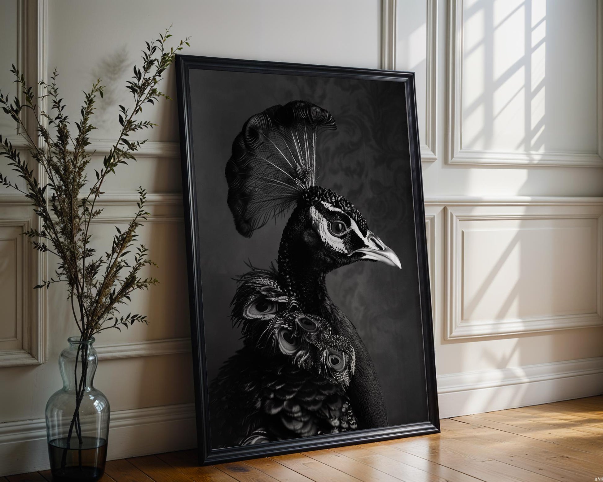 Dog Photography Black and White Peacock Portrait | Fine Art Home Decor Print wall art print, minimalist black and white poster, modern Scandinavian wall decor, Monohaus