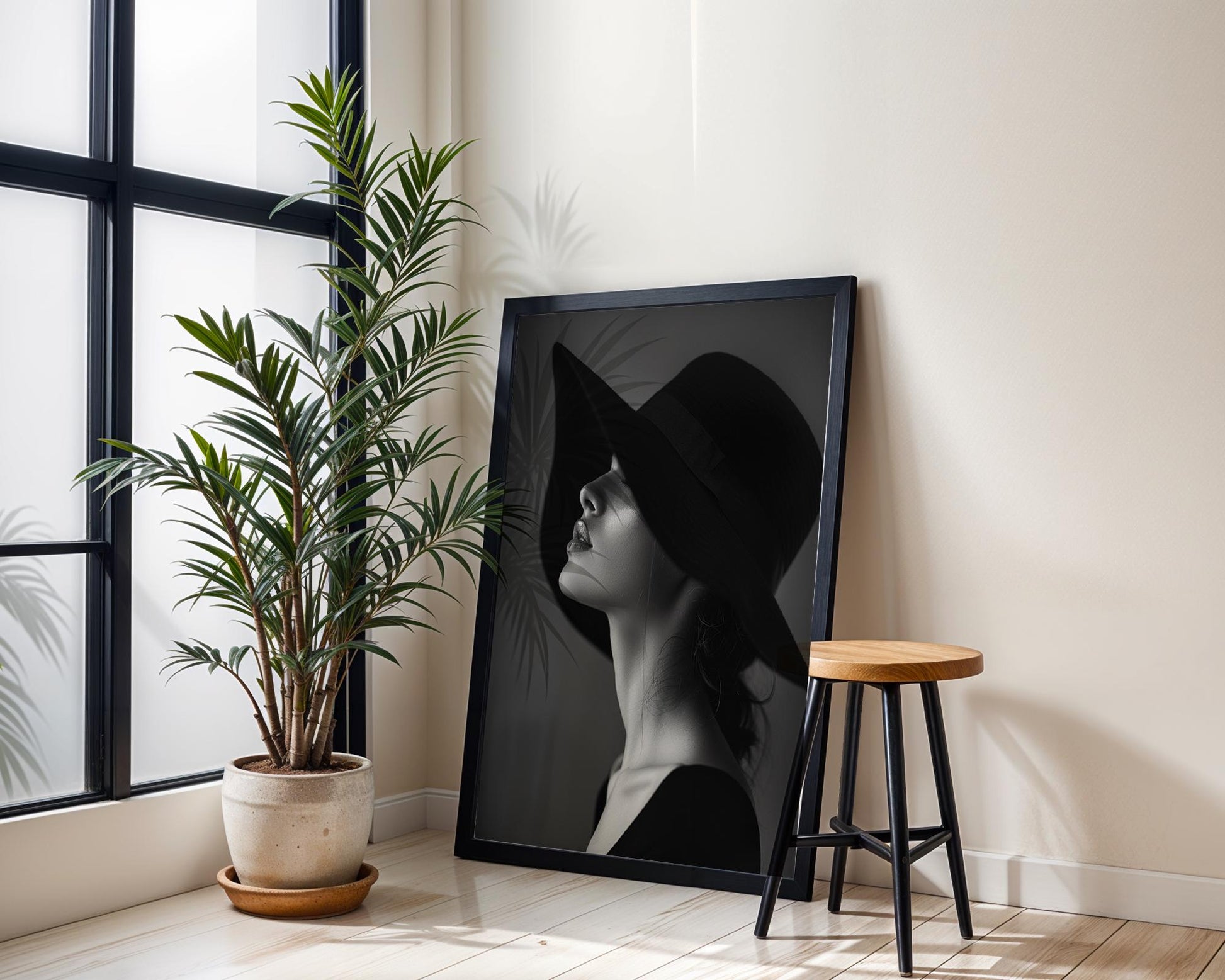 Minimal Wall Art Glamorous Woman in Hat Print | Chic Minimalist Fashion Poster wall art print, minimalist black and white poster, modern Scandinavian wall decor, Monohaus