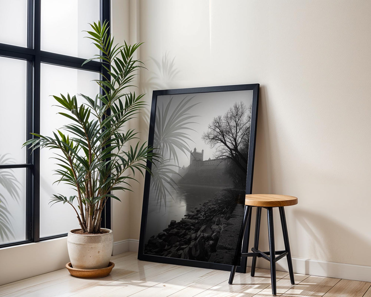 World Landmark | Castle Riverbank Photography Print | Minimalist Black and White Wall Art wall art print, minimalist black and white poster, modern Scandinavian wall decor, Monohaus