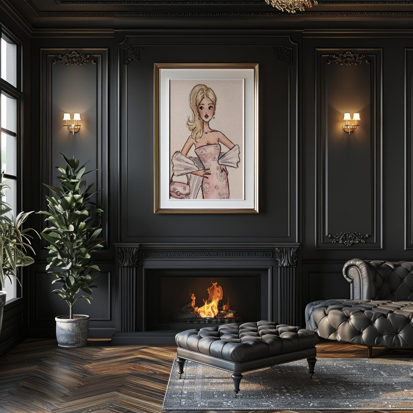 Designer Wall Art | Blonde Fashion Girl Print | Retro Pink Dress wall art print, minimalist black and white poster, modern Scandinavian wall decor, Monohaus