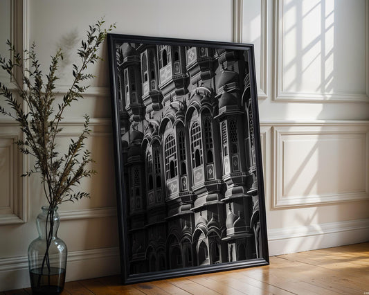 World Landmark | Hawa Mahal Architecture Print | Jaipur Palace of Winds, India wall art print, black and white architectural poster, minimalist modern Scandinavian wall decor, Monohaus