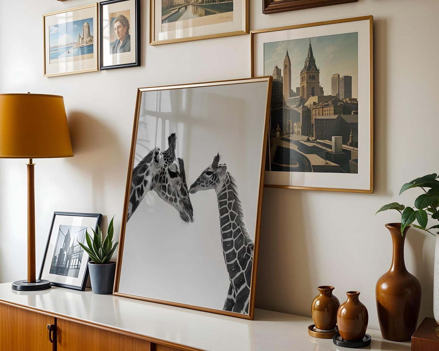 Wildlife Poster | Giraffe Mother and Calf Print | Minimalist  Photography wall art print, minimalist black and white poster, modern Scandinavian wall decor, Monohaus