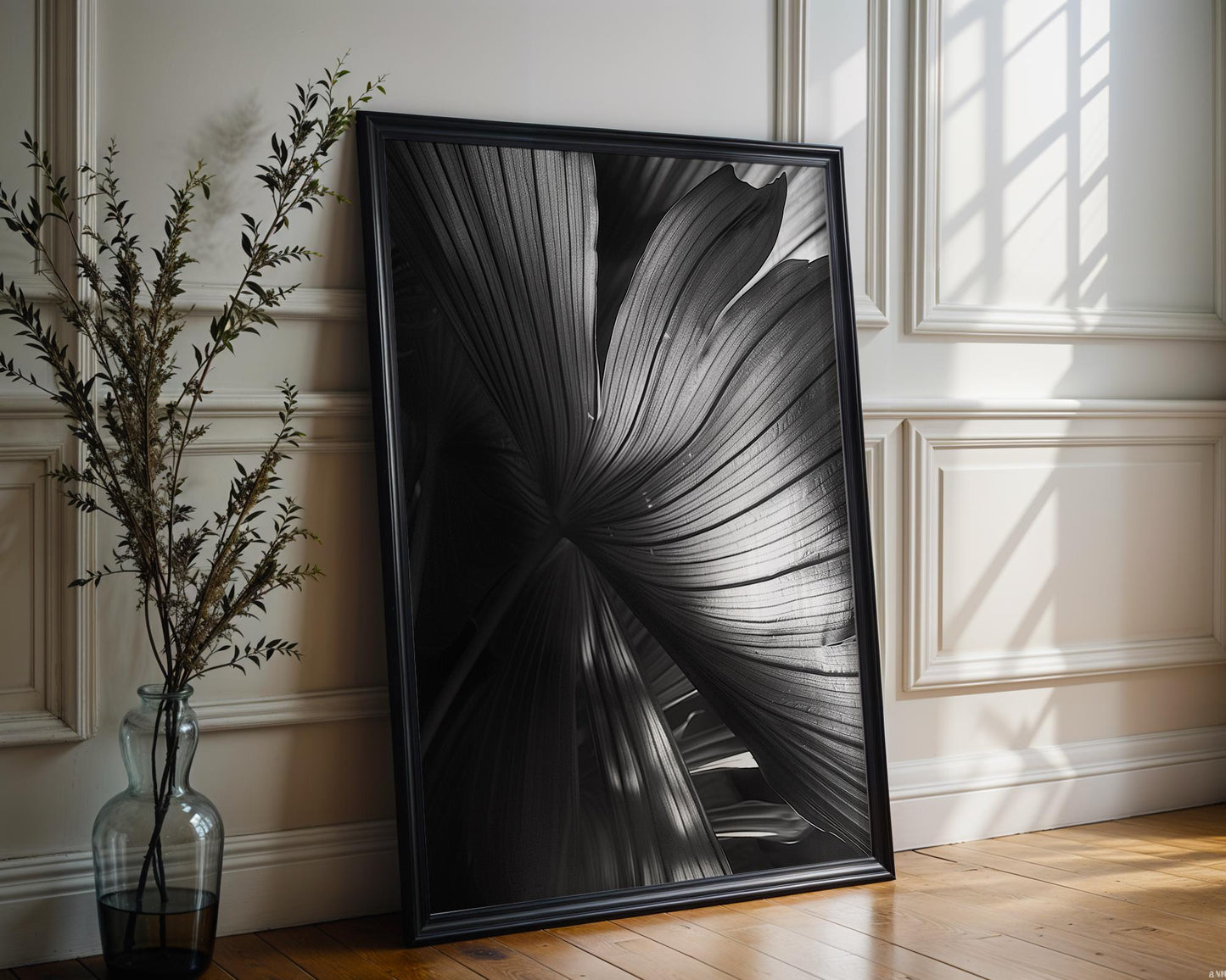 Botanical Photo | Dark Palm Frond Leaf Print | Black & White Tropical Home Decor wall art print, minimalist black and white poster, modern Scandinavian wall decor, Monohaus