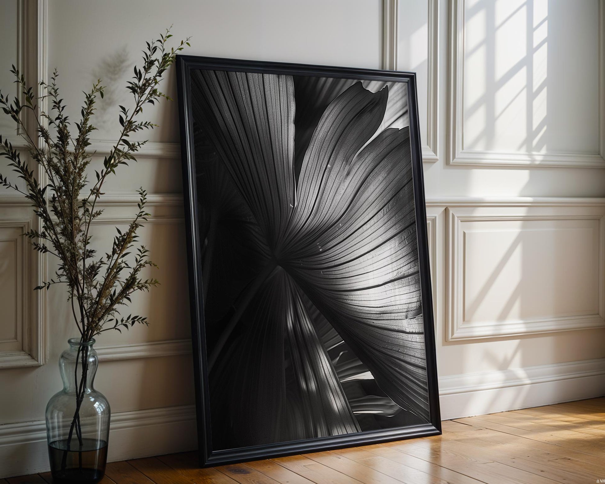 Botanical Photo | Dark Palm Frond Leaf Print | Black & White Tropical Home Decor wall art print, minimalist black and white poster, modern Scandinavian wall decor, Monohaus
