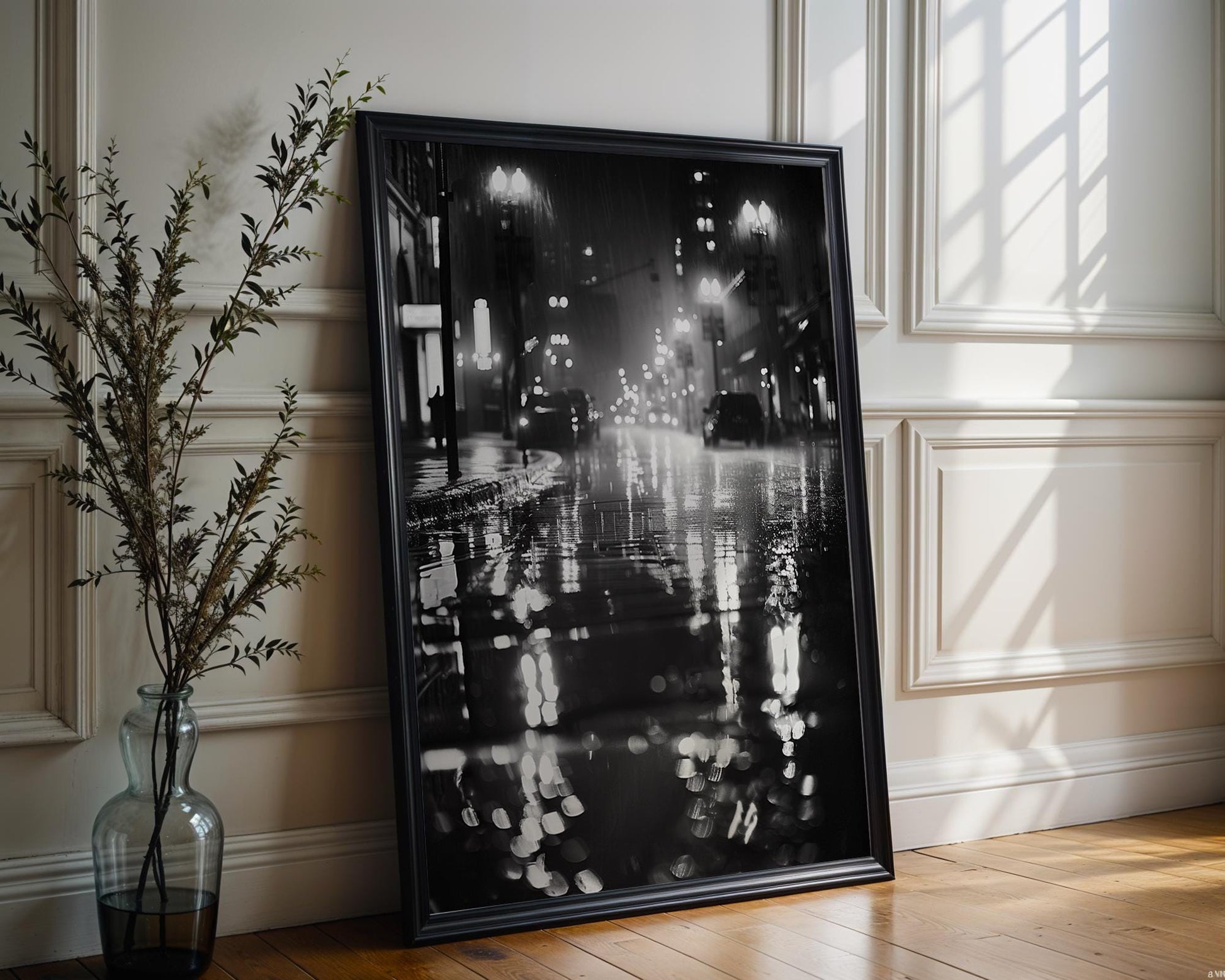 Urban Photography | Rainy City Street Print | Moody Black and White Bokeh Poster wall art print, black and white architectural poster, minimalist modern Scandinavian wall decor, Monohaus