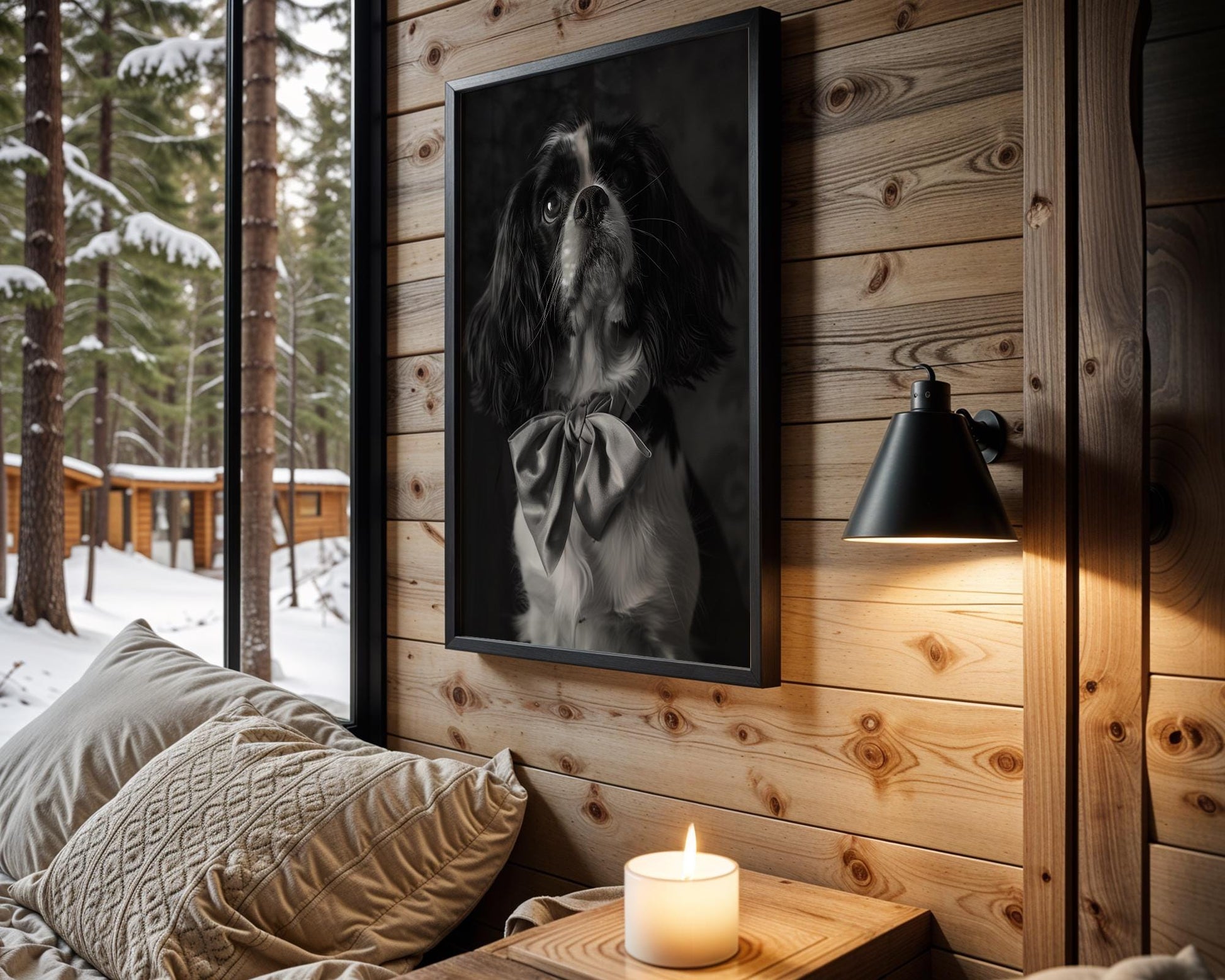 Dog Photography Black and White Cavalier Portrait | Bowtie Pet Art Print wall art print, minimalist black and white poster, modern Scandinavian wall decor, Monohaus