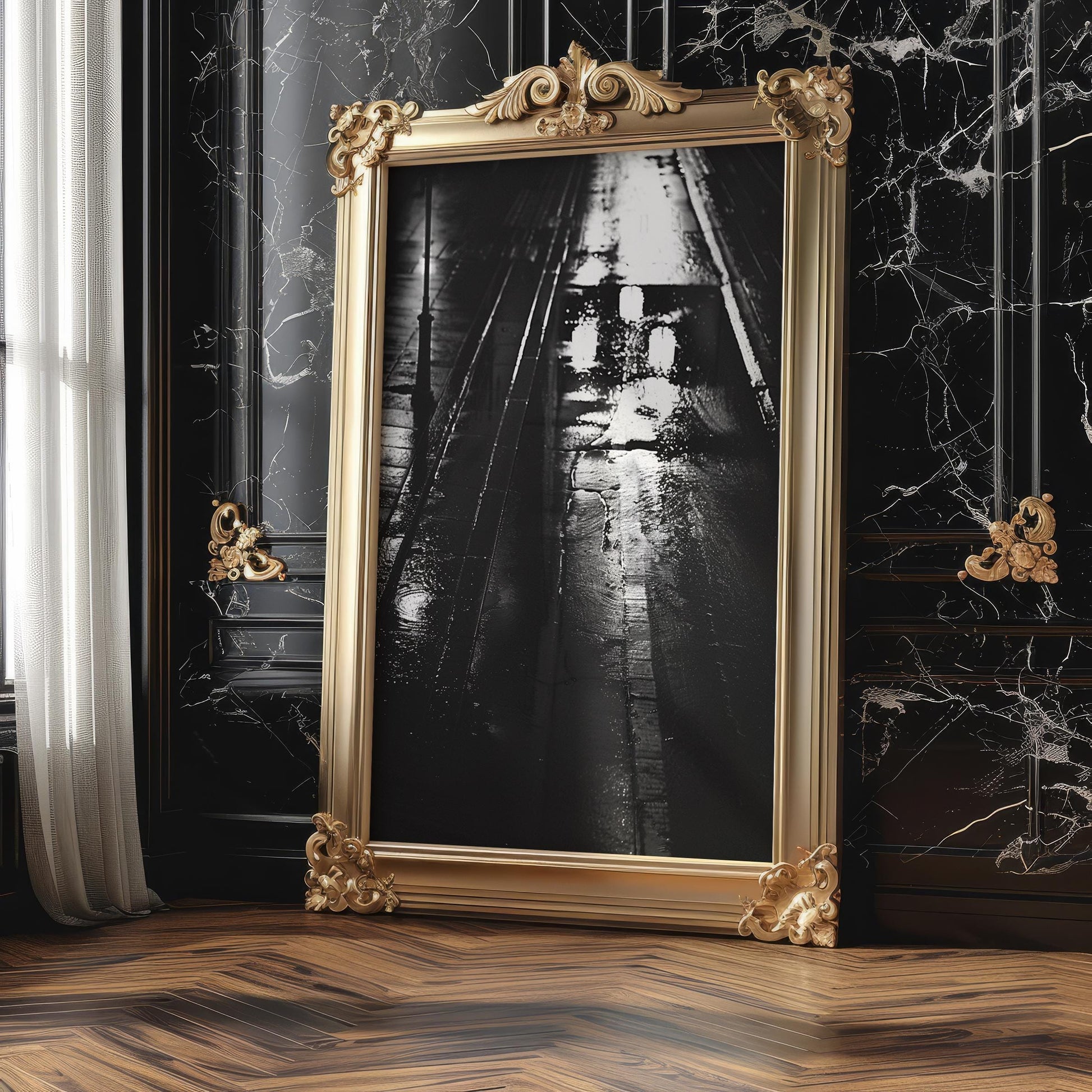 Urban Photography | Wet City Street Photography Print | Dark Academia Minimalist Decor wall art print, black and white architectural poster, minimalist modern Scandinavian wall decor, Monohaus