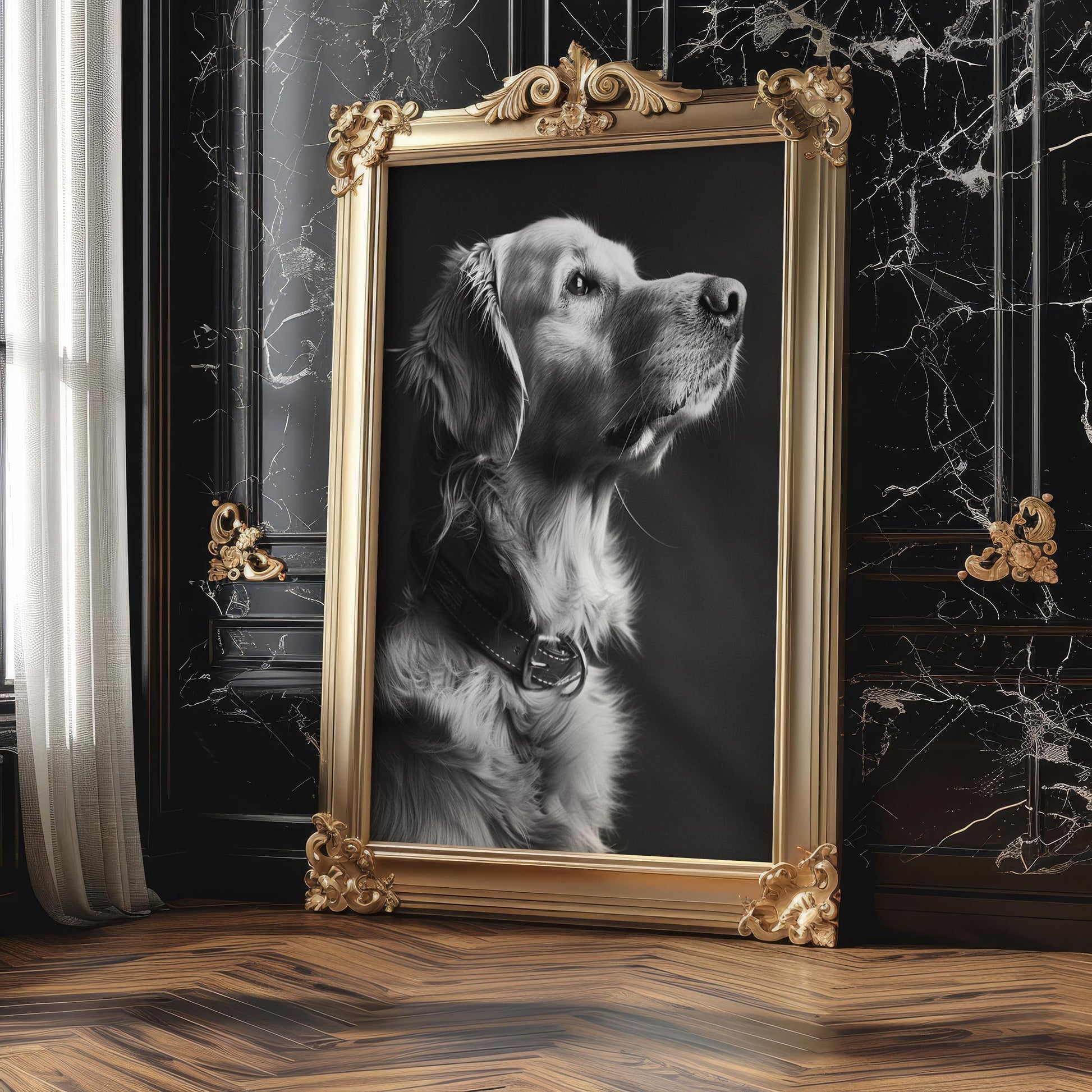 Dog Photography Golden Retriever Print | Luminous Pet Portrait, Scandi Home Decor wall art print, minimalist black and white poster, modern Scandinavian wall decor, Monohaus