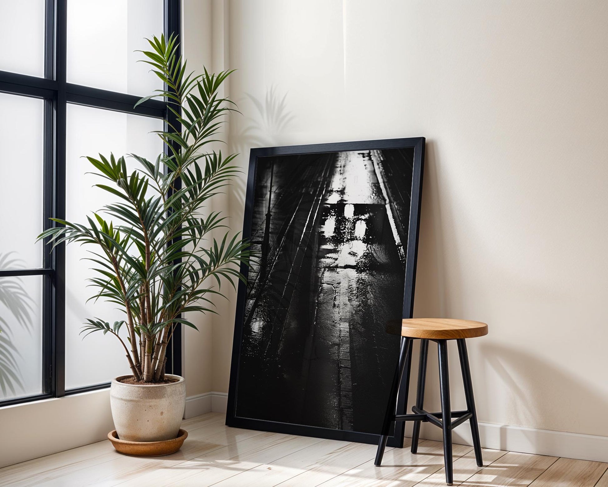 Urban Photography | Wet City Street Photography Print | Dark Academia Minimalist Decor wall art print, black and white architectural poster, minimalist modern Scandinavian wall decor, Monohaus