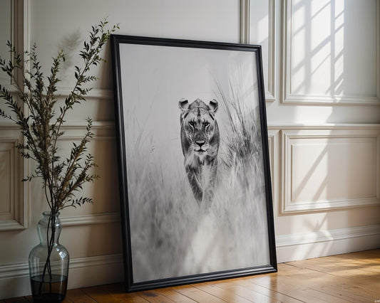 Wildlife Poster | Lioness Safari Print | Black & White  Photography wall art print, minimalist black and white poster, modern Scandinavian wall decor, Monohaus