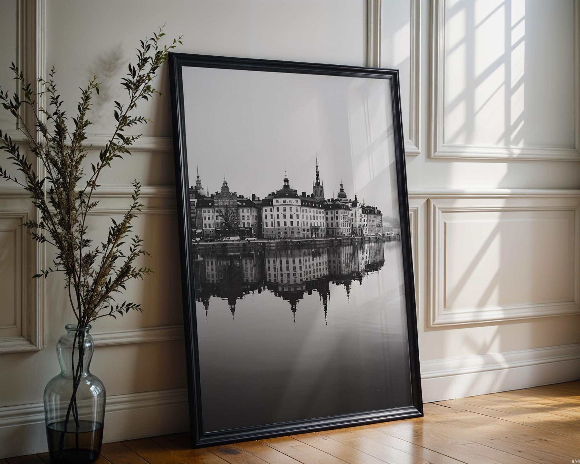 World Landmark | Stockholm Photography Print | Gamla Stan Waterfront, Scandinavian Art wall art print, minimalist black and white poster, modern Scandinavian wall decor, Monohaus