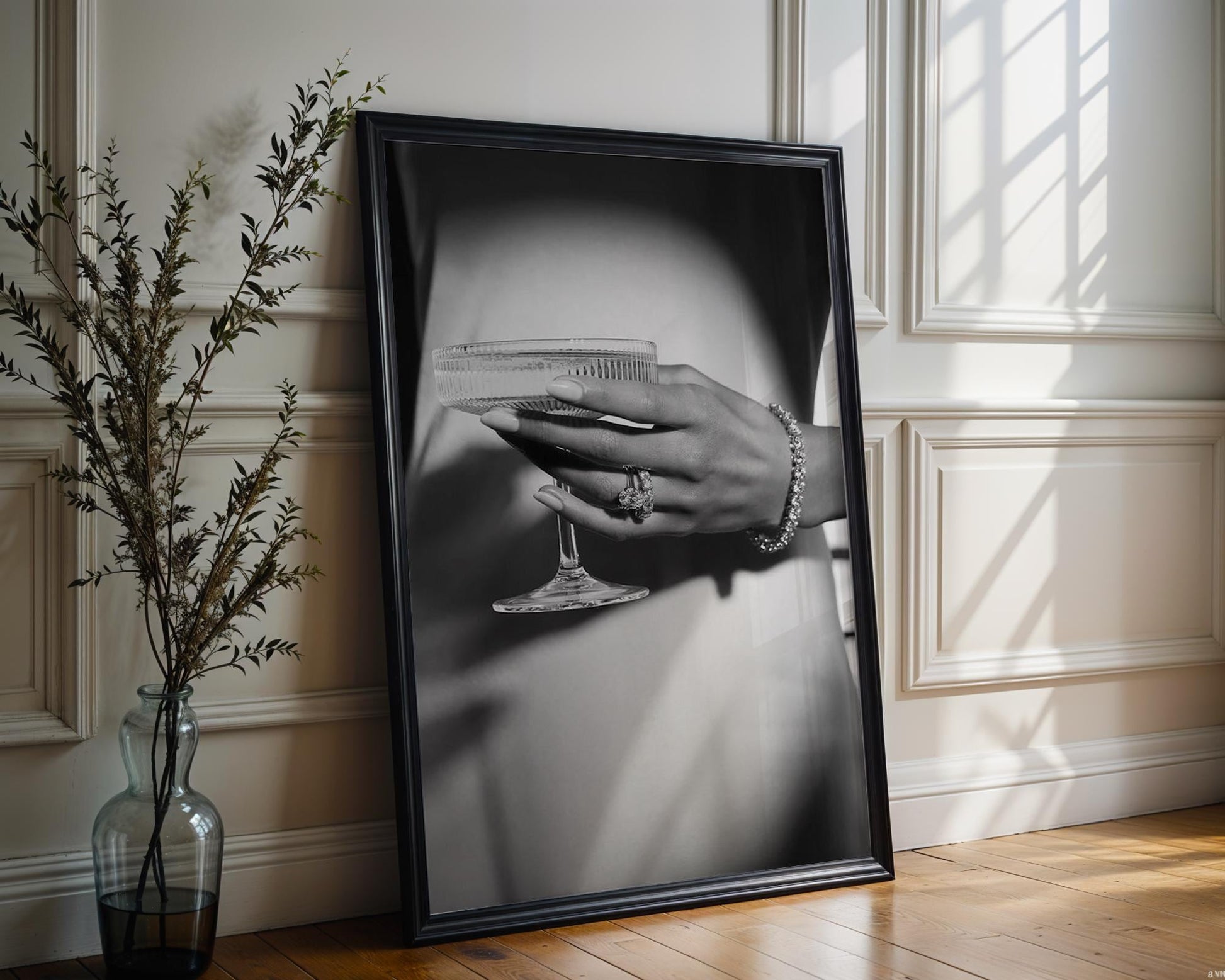 Designer Wall Art | Champagne Coupe Print | Glamour Jewelry, Black and White Photography wall art print, minimalist black and white poster, modern Scandinavian wall decor, Monohaus