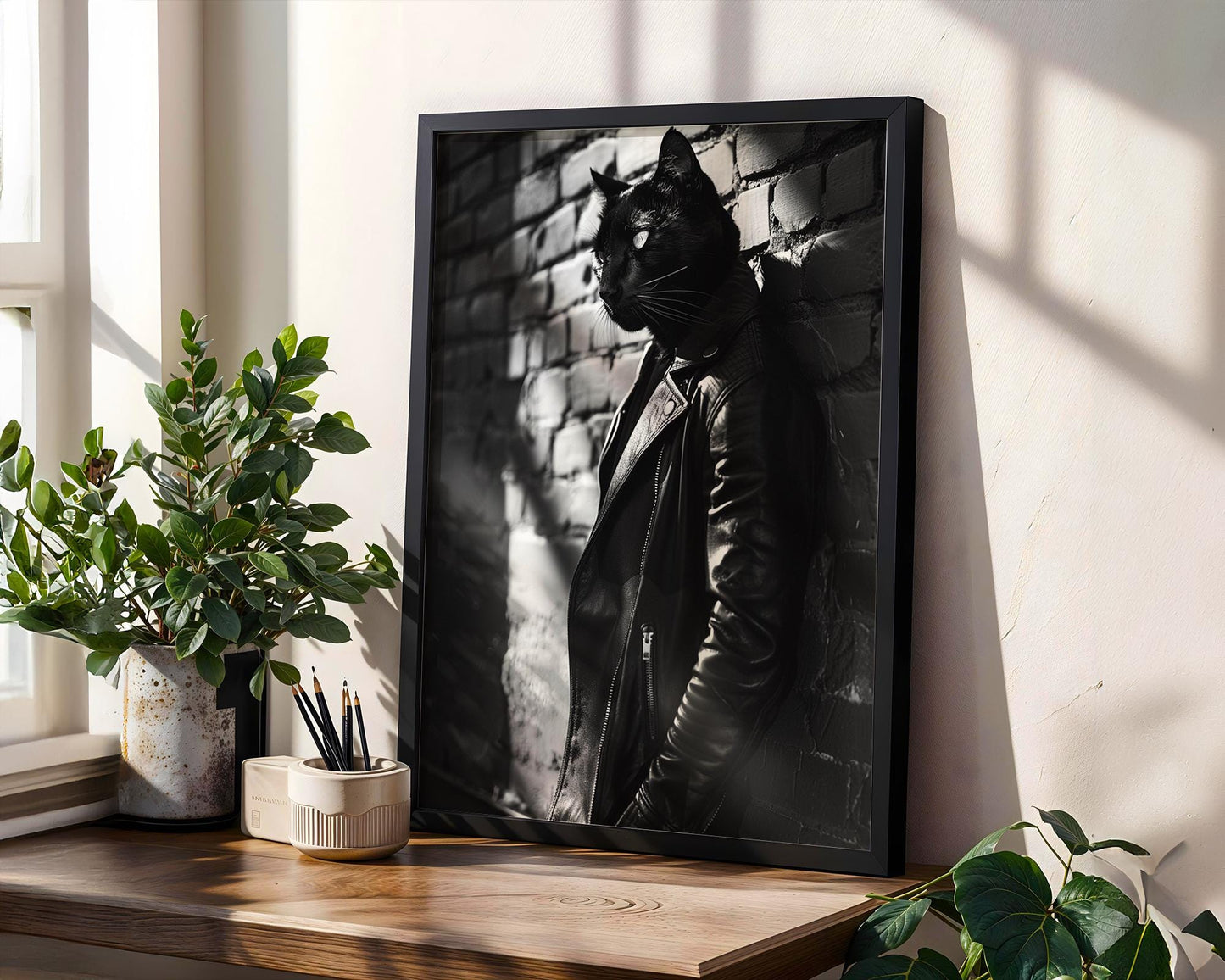 Minimal Wall Art Panther in Leather Jacket Art Print | Black and White Modern Decor wall art print, minimalist black and white poster, modern Scandinavian wall decor, Monohaus