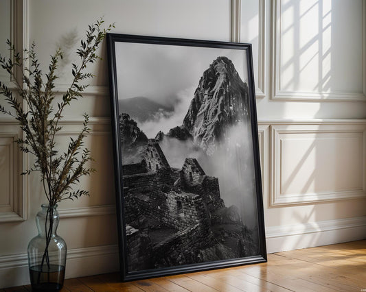 World Landmark | Machu Picchu Print | Black and White Peru Mountain Photography wall art print, minimalist black and white poster, modern Scandinavian wall decor, Monohaus