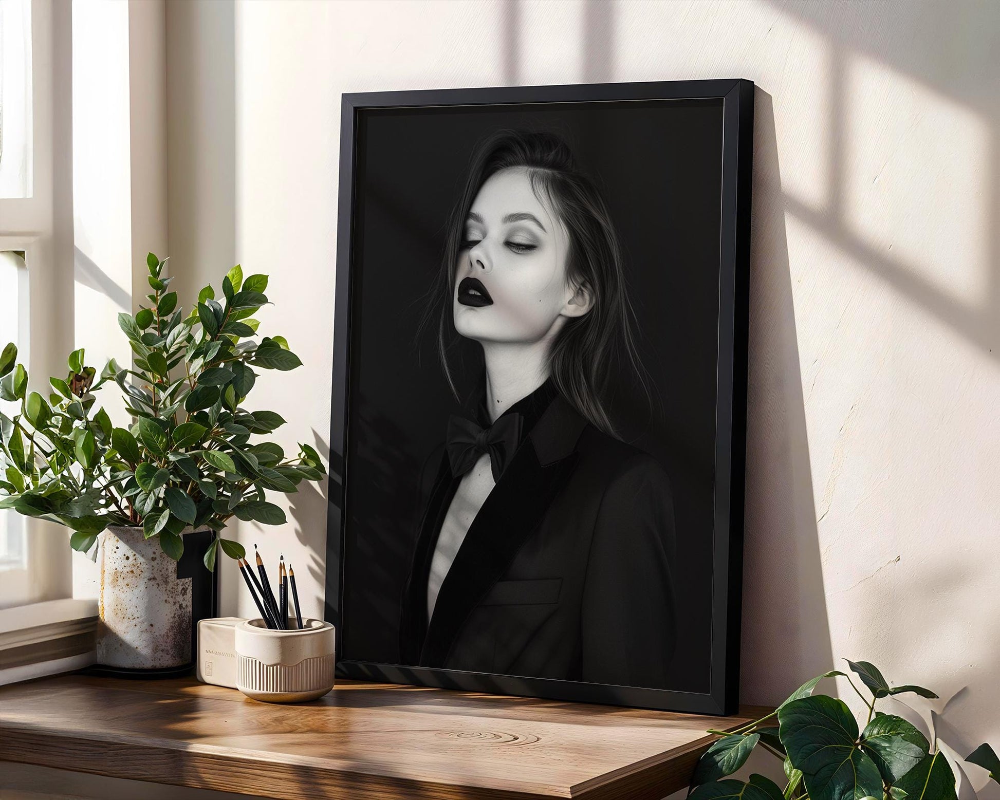 Minimal Wall Art Woman in Tuxedo Art Print | Monochrome Fashion Photography wall art print, minimalist black and white poster, modern Scandinavian wall decor, Monohaus