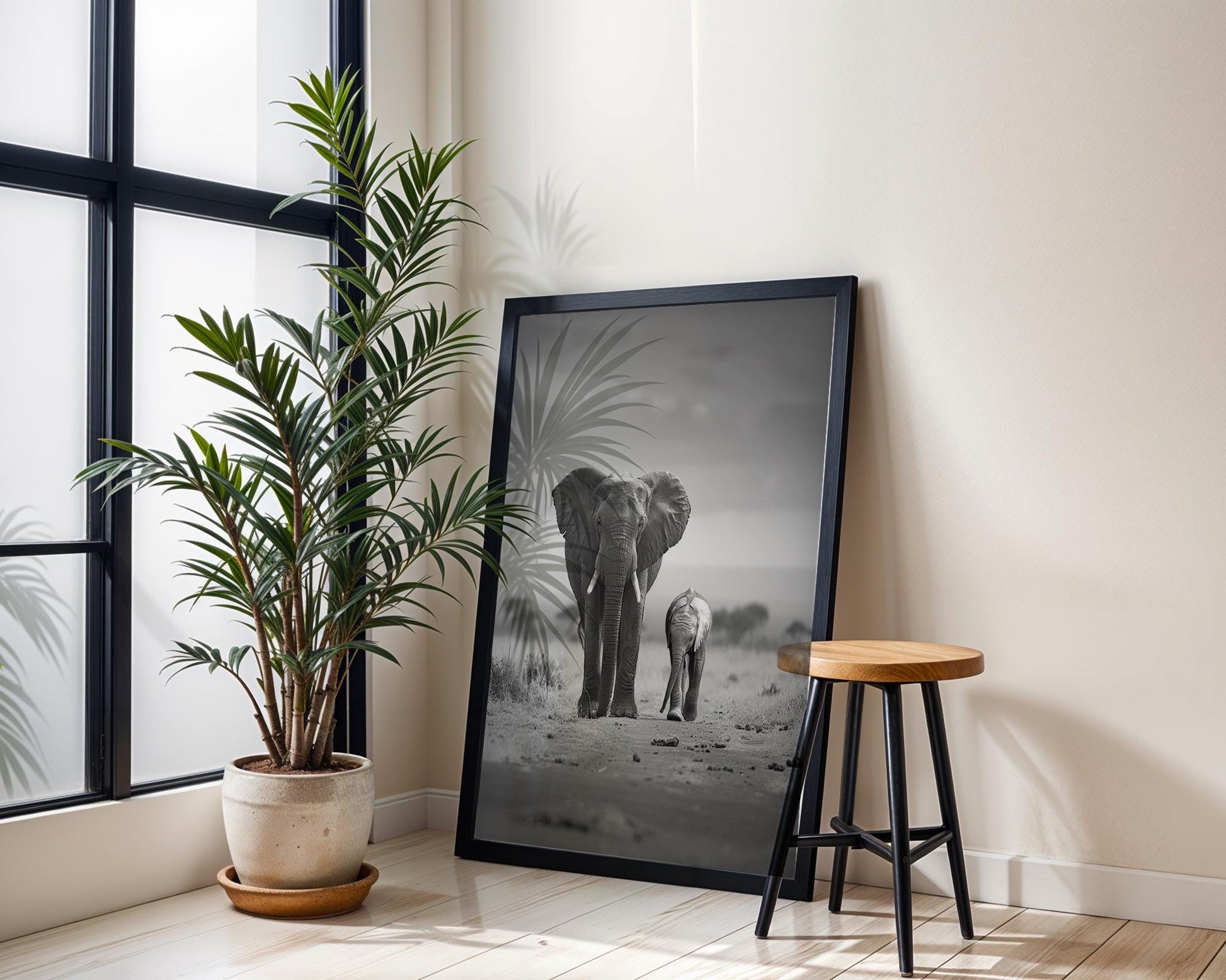 Wildlife Poster | Elephant and Calf Print • Black & White Safari Photography, Scandi Wall Art wall art print, minimalist black and white poster, modern Scandinavian wall decor, Monohaus