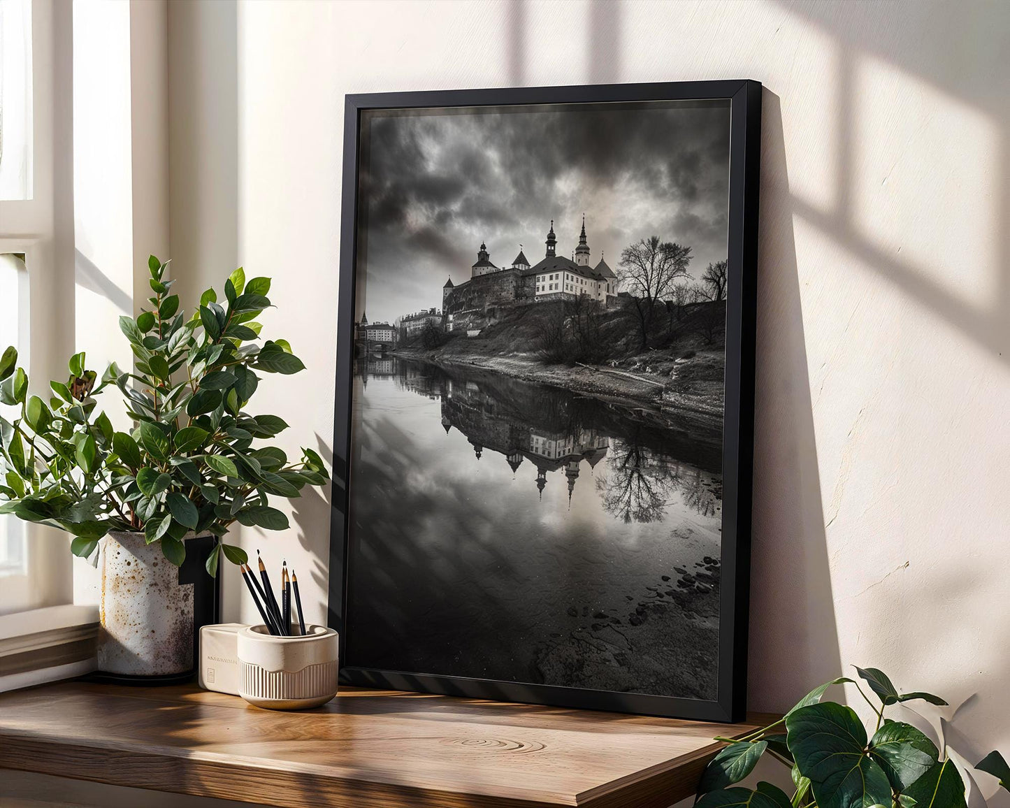 World Landmark | Krakow Castle Photography Print | Black and White River Scene